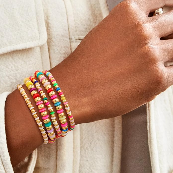 M MOOHAM Gold Beaded Bracelets for Women - 14k Real Gold Plated Beaded Pearl Bracelet Set Stack for Women Trendy Non Tarnisn, Adjustable Stretch Bracelet Jewelry Gifts for Teen Girls Women