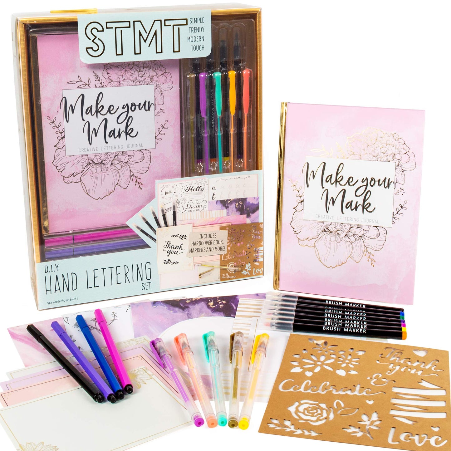 STMT DIY Make Your Mark Hand Lettering Set, Step-by-Step Beginner Modern Calligraphy Hardcover Workbook, Includes Practice Sheets, Stencils, Flexible Fine Tip & Brush Markers, DIY Calligraphy Kit
