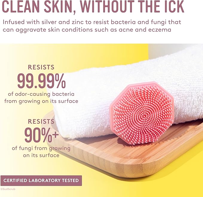 Sud Scrub® Antimicrobial Silicone Face Scrubber, 1 Pack, Gentle Face Exfoliator for Sensitive Skin, Eco Friendly Facial Cleansing Brush, Exfoliating Face Brush for Men and Women (Pink)