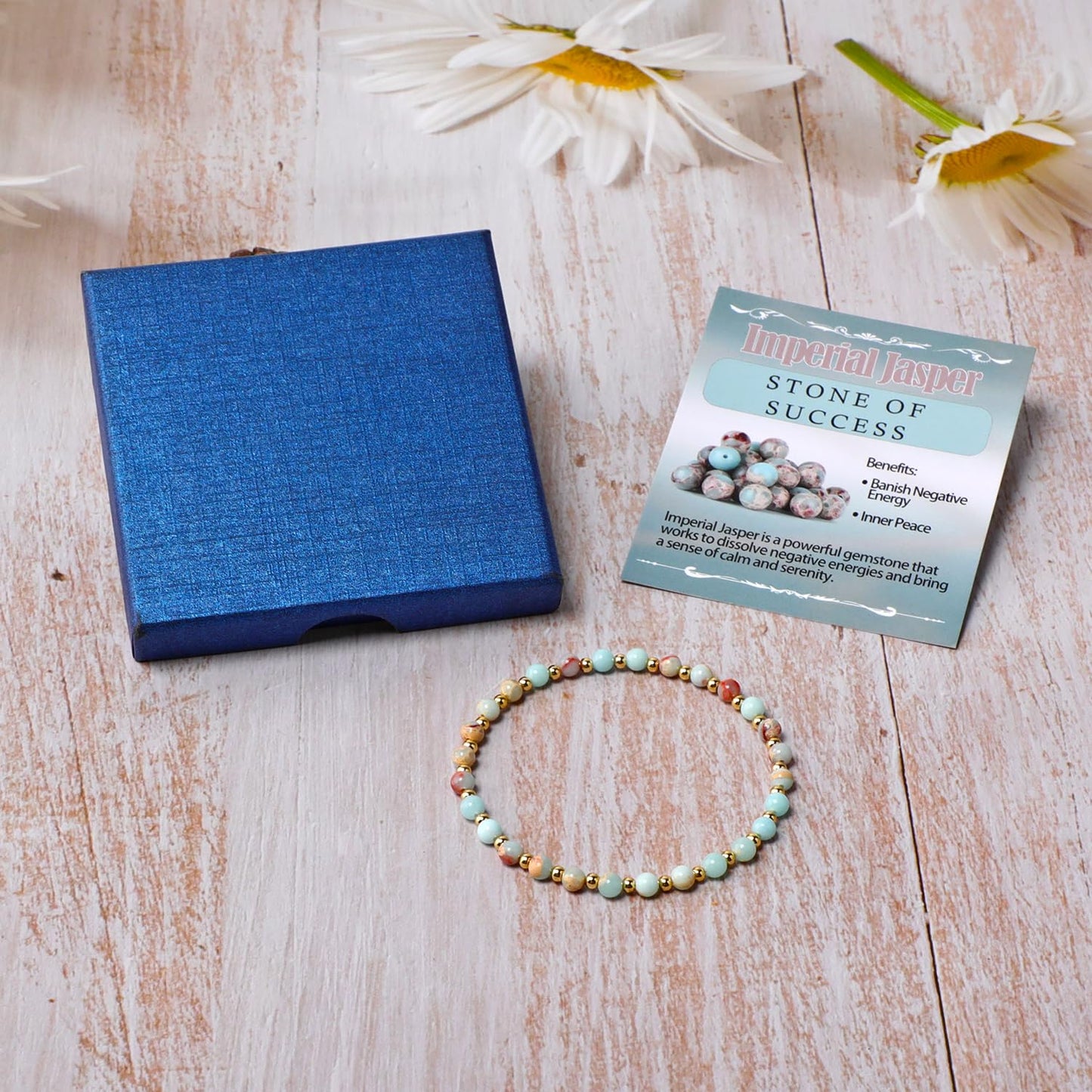 QOGIR Imperial Jasper - Stone of Success - 14K Gold Plated Beads Natural Gemstone Stretch Elastic Dainty Healing Beaded Bracelets Gifts 4mm