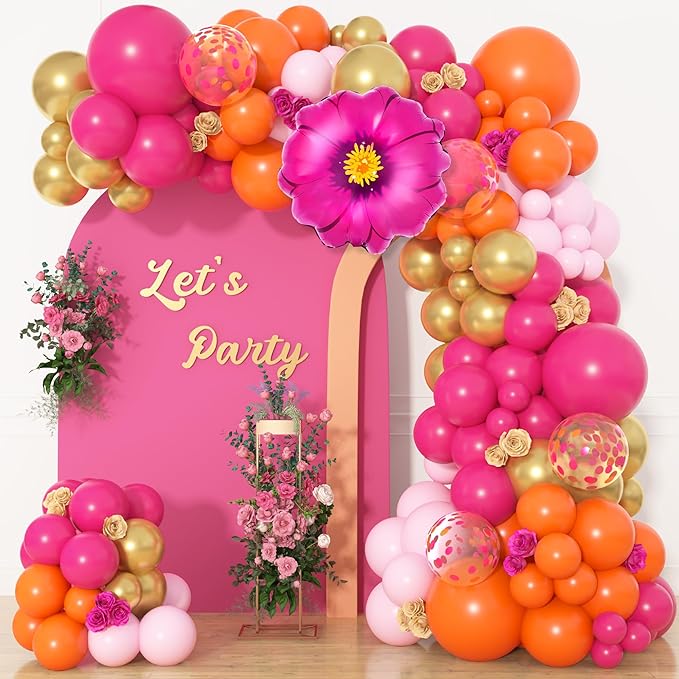 Ouddy Life 175Pcs Hot Pink and Orange Balloons Arch Garland Kit, Pink and Orange Party Decorations with Gold Balloons Foil Flowers for Women Wedding Bridal Tropical Bachelorette Birthday Decor, Large