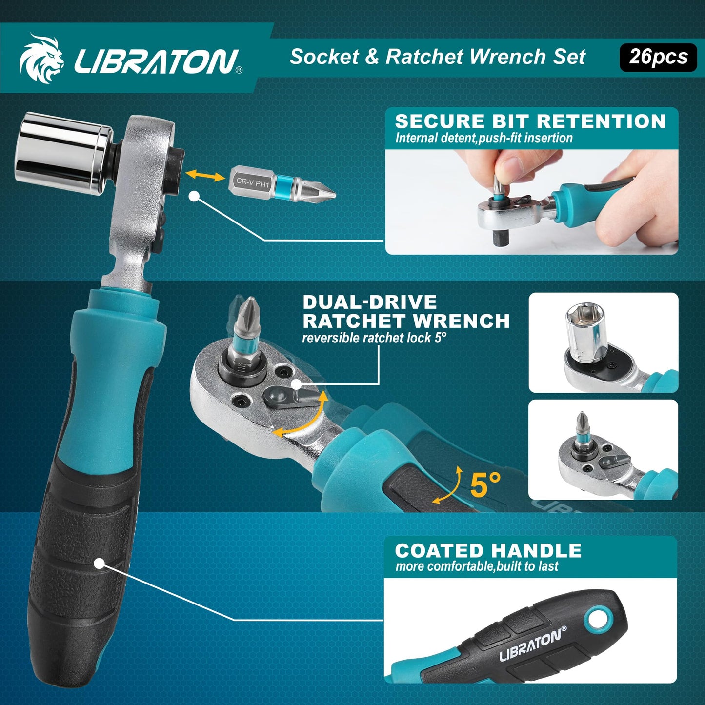 LIBRATON 26PCS 1/4" Drive Mini Socket & Ratchet Wrench Set with Bits, 4-14mm Metric Shallow Sockets, Mini Ratchet Set, Screwdriver Bit Set, Extension Bar, with Storage Case for DIY, Auto Repair