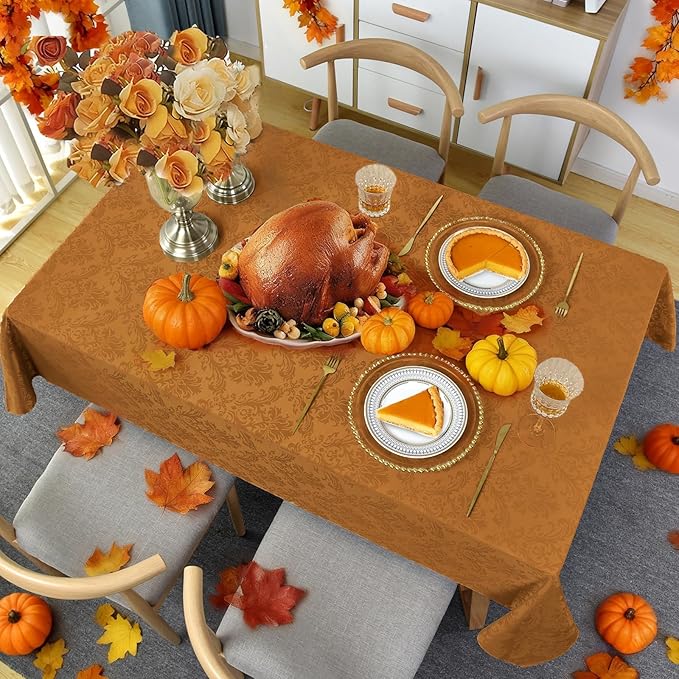 SASTYBALE Square Tablecloth - 52 x 52 Inch Brown Jacquard Tablecloths Damask Design Spillproof Table Cloth Polyester Oblong Table Cover for Thanksgiving Dinning Party Tabletop