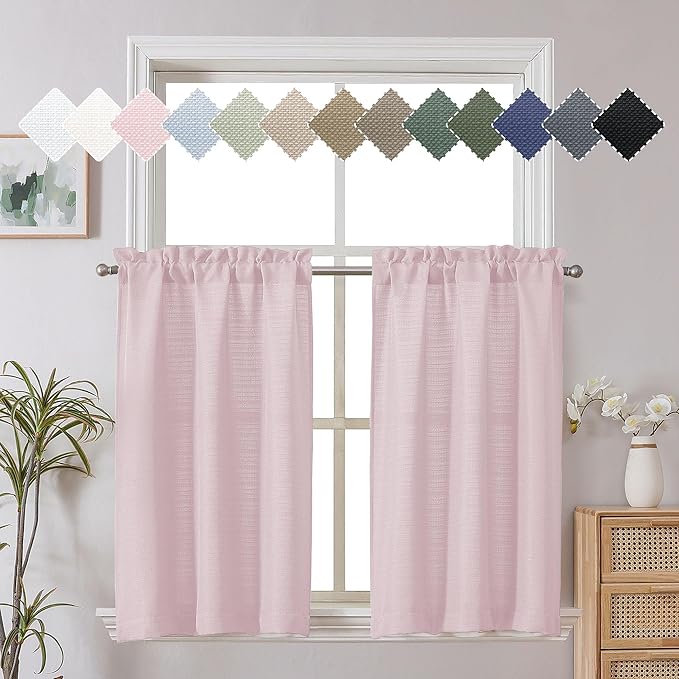 Chyhomenyc Bennet 2 Panels Blush Pink Kitchen Curtains 24 Inch Length Tier Curtains, Faux Linen Textured Small Cafe Curtains, Light Filtering Short Window Curtains for Bathroom Basement, 30x24 Inch