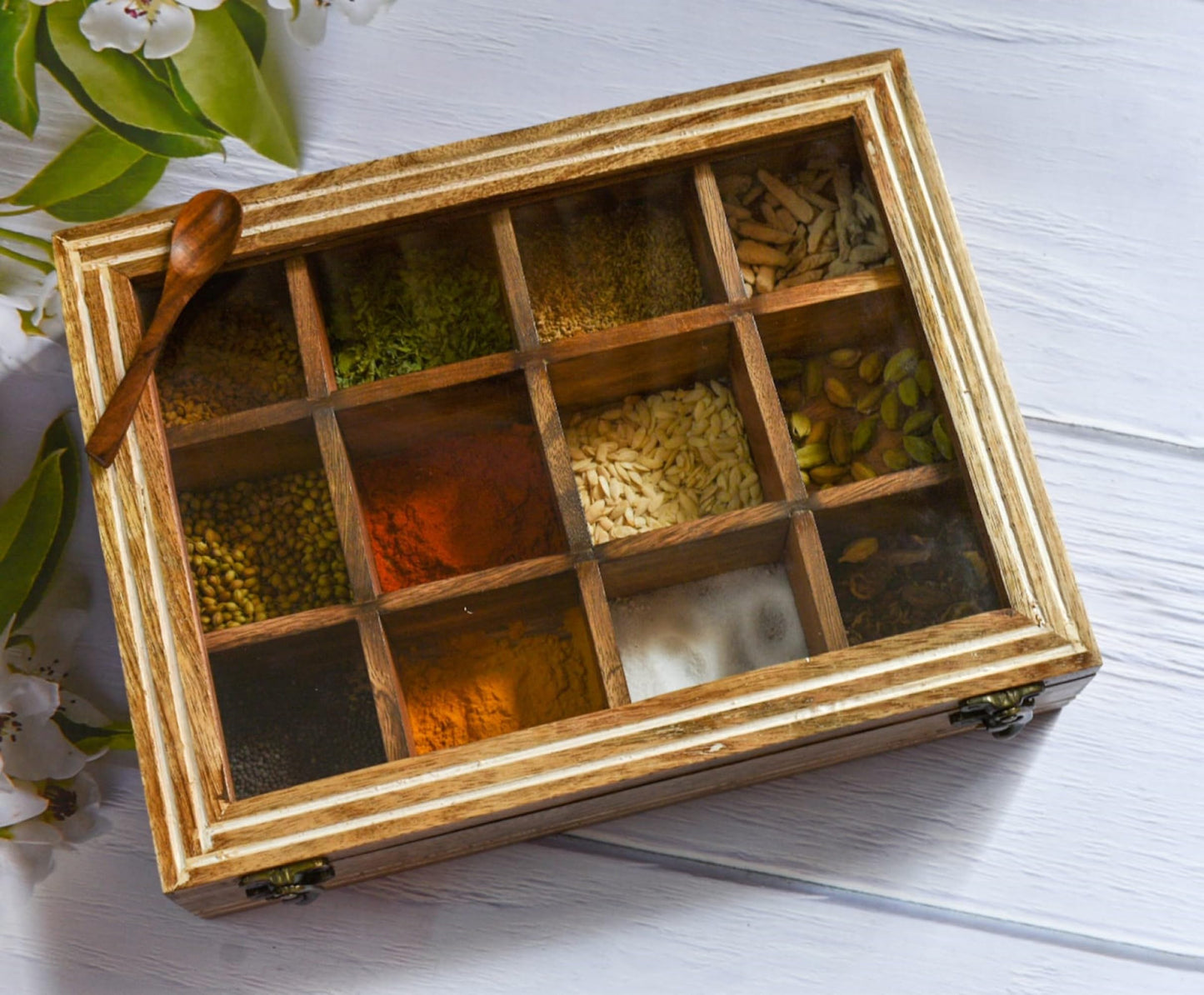 Indian Wooden Spice Box/Mango Wood Spice Boxes Housewarming Gift, Mother’s Day Gift "MADE IN INDIA"- 12 container- 12x3 inch