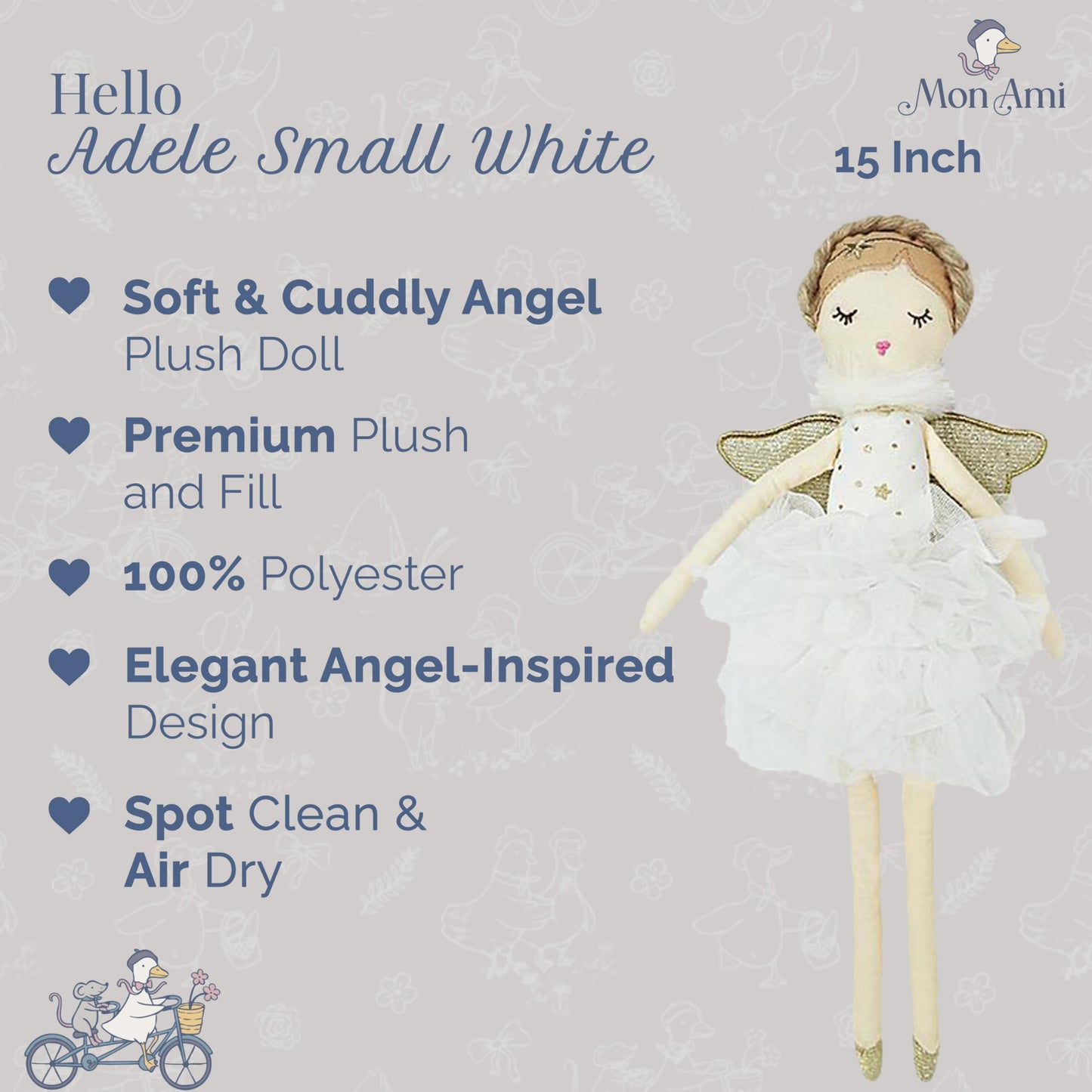 MON AMI Adele Small White Angel Stuffed Doll – 15”, Soft & Cuddly Plush Doll, Use as Toy or Room Decor, Great Gift for Kids of All Ages