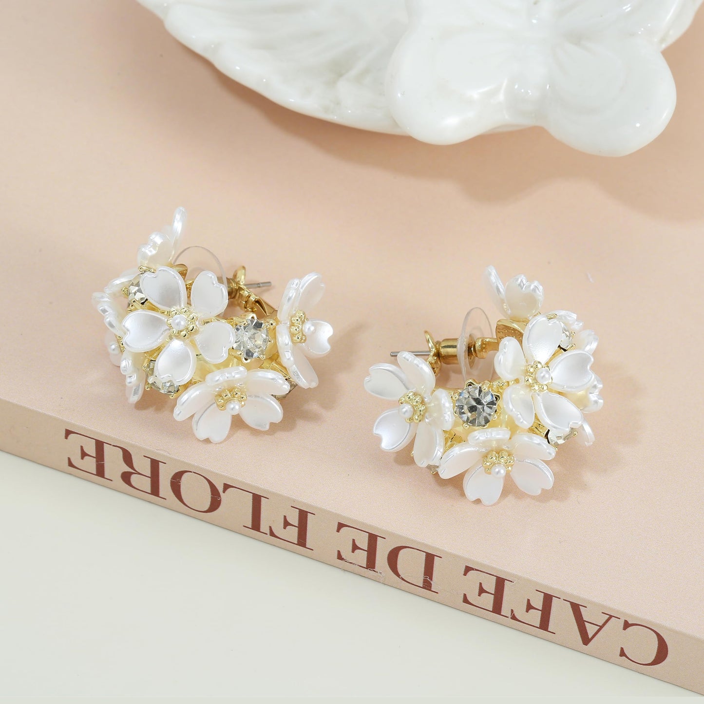Xalroco Gold Statement Leaf Rhinestone Stud Earrings, Gold Flower Filigree Dangles, Pink/Purple/Yellow Flower Acrylic Earrings (white)