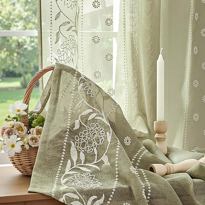 jinchan Winslow Sage Sheer Curtains 84 Inch for Bedroom Living Room Embroidered Bordered Floral Nursery Curtains for Playroom Dorm Light Filtering, Ivory on Sage, 2 Panels, 50W x 84L