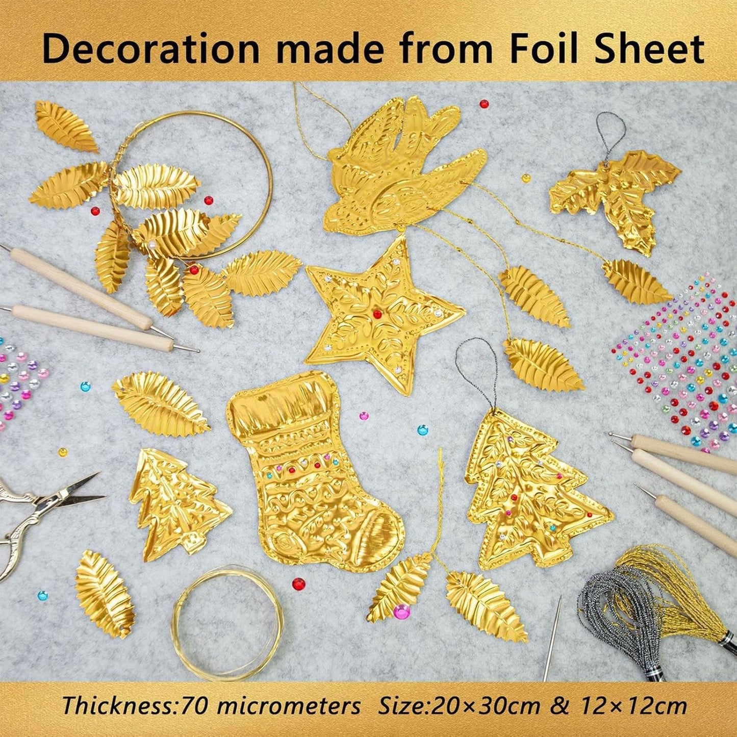 15pcs Gold Craft Foil Sheets, Gold Foil Sheets for Embossing, Decorative Metal Sheet Embossing Tools for Painting Gilding Crafting Decoration,with 2 Rolls Wire, Engraving Tools, Artwork Making Kit