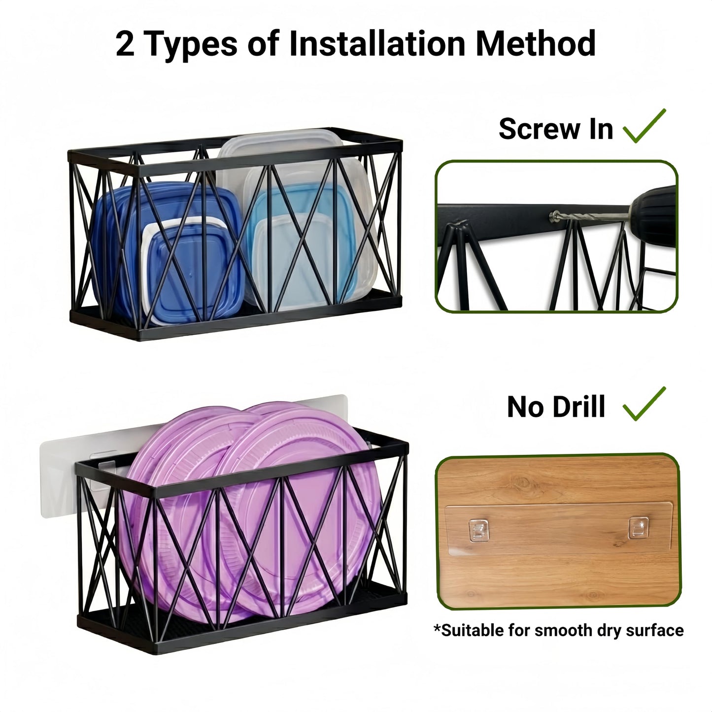 MIXISAV 4 Pack Cabinet Door Organizer, Adhesive Inside Cabinet Door Storage for Kitchen Bathroom, Lid Organizer Compatible with Tupperware Pyrex, Wall Mounted Basket for Pantry Under Sink, Black