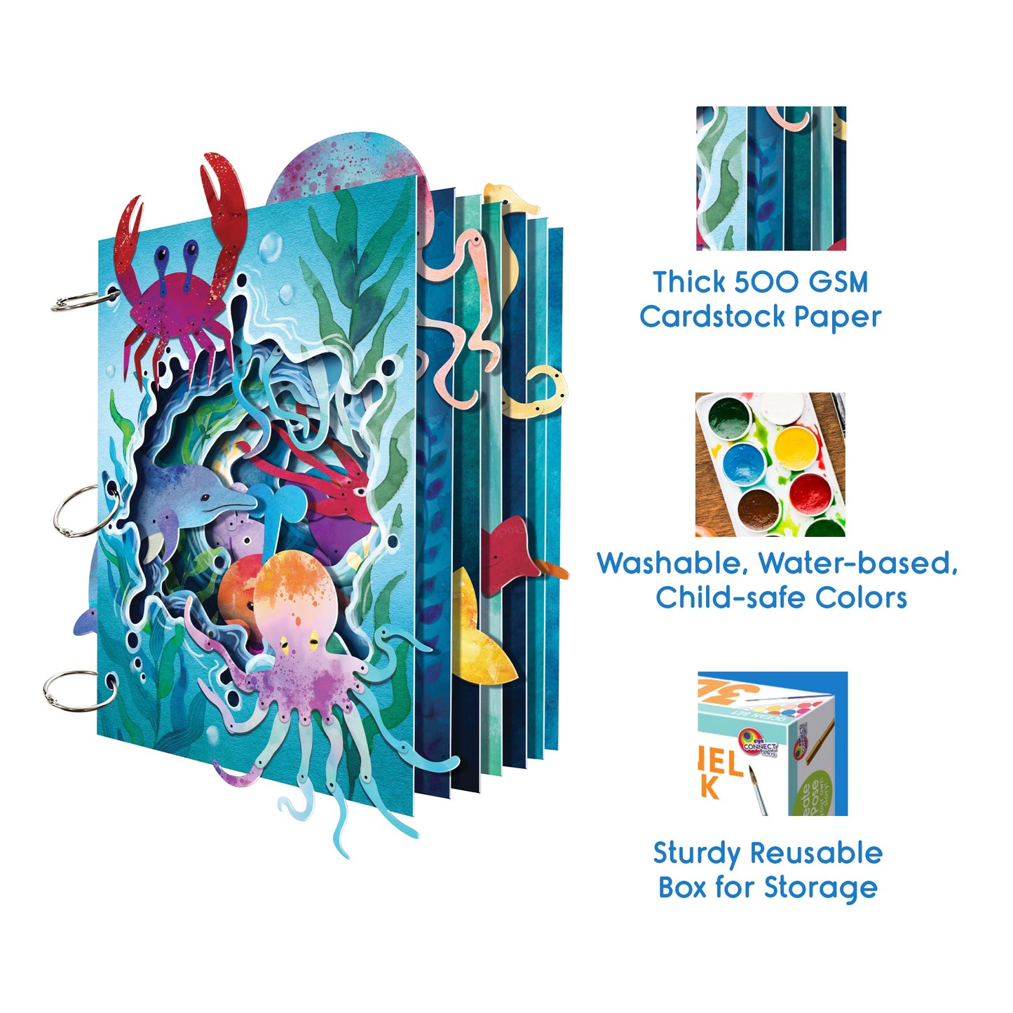 EyeConnect Crafts DIY 3D Tunnel Book Kit – Creative STEAM Art & Craft Set for Kids & Teens, Build, Paint & Make Your Own Book with Posable Interactive Animals & Characters (Ocean)