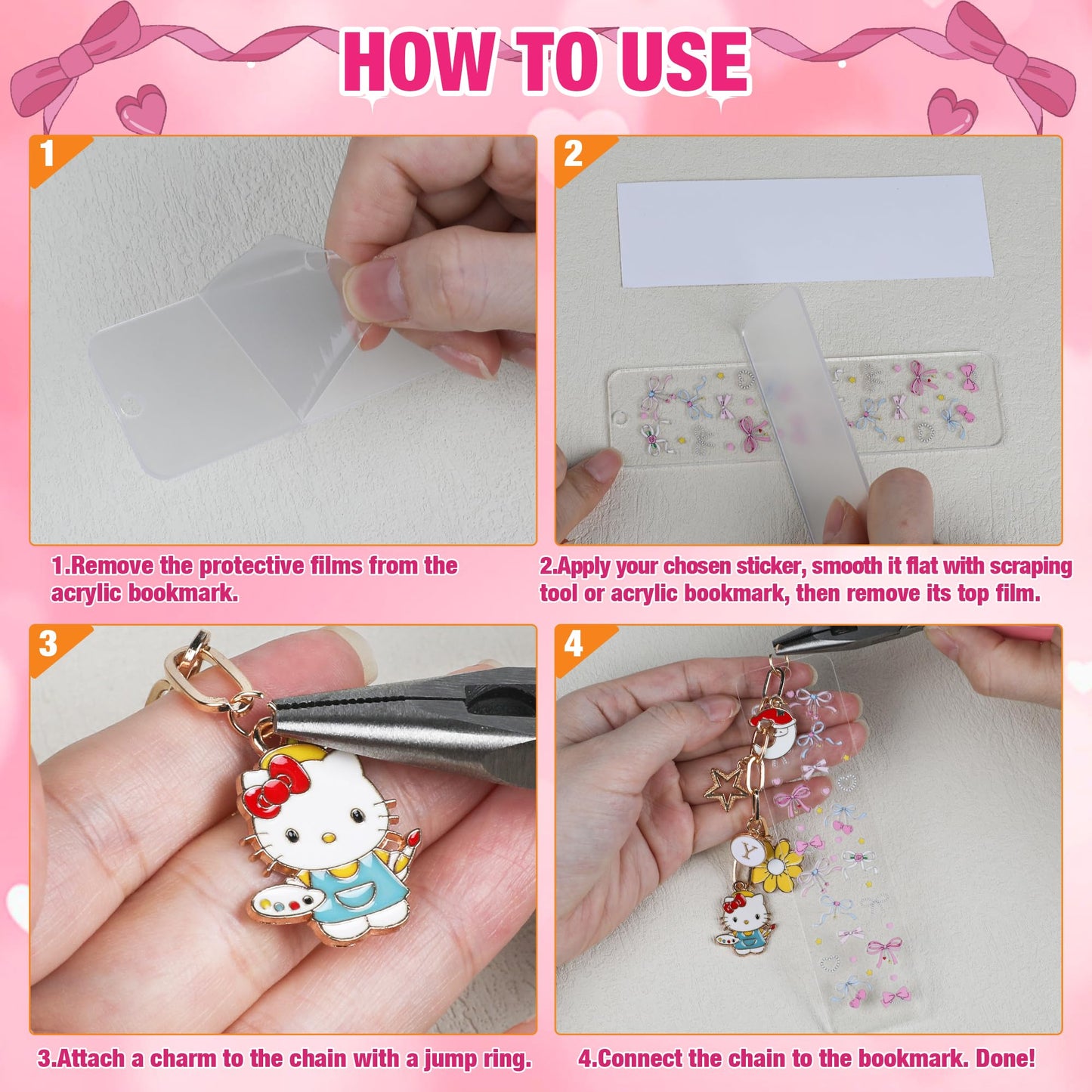 106 Pcs Bow Acrylic Bookmark Blanks(2mm) Thicken 8 DIY Bookmark Making 10 Bow UV DTF Sticker 20 Charms 8 Extender Chains and 60 Jump Ring Suitable for DIY Crafts Gifts