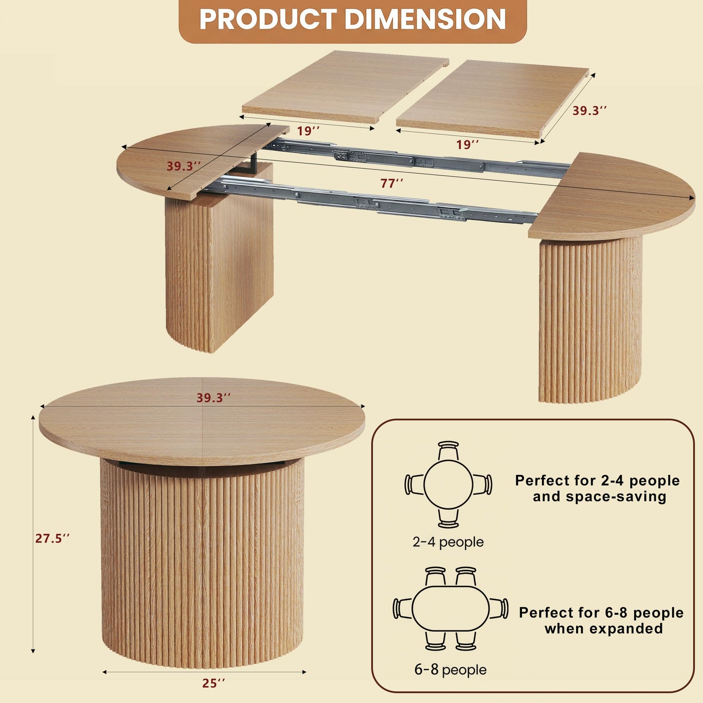 HUAHUU Extendable Round Dining Table for 4-8, 39in-77in Long Large Kitchen Table with Fluted Base, Space Saving Modern Farmhouse Oval Dinner Tables for Dining Room, Kitchen, Living Room, Natural