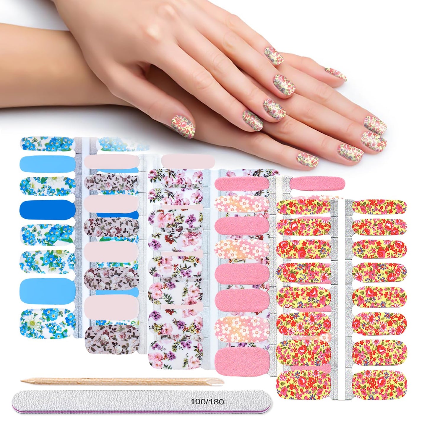DANNEASY Thicker Nail Polish Strips Flowers Series, 5 Sheets Nail Stickers for Women, Adults, Light Color, Floral Style, Nail Art Stickers and Decals, Self-Adhesive, Single Use