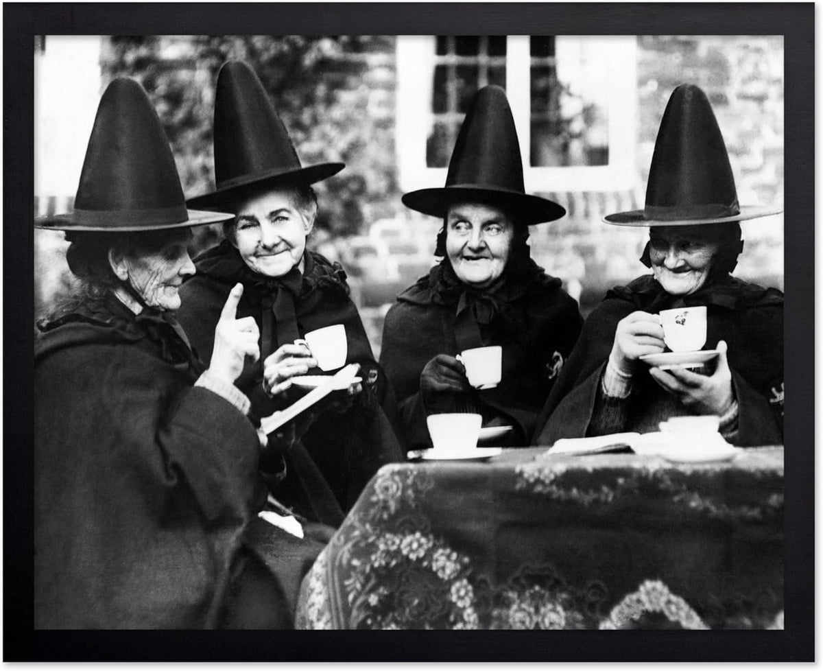 Poster Master Classic Photograph Poster - Vintage Halloween Print - Gift for Artist, Friend - Witches Tea Party, Old Women Smiling, Wearing Robes - Wall Decor for Living Room, 8x10 Black Framed