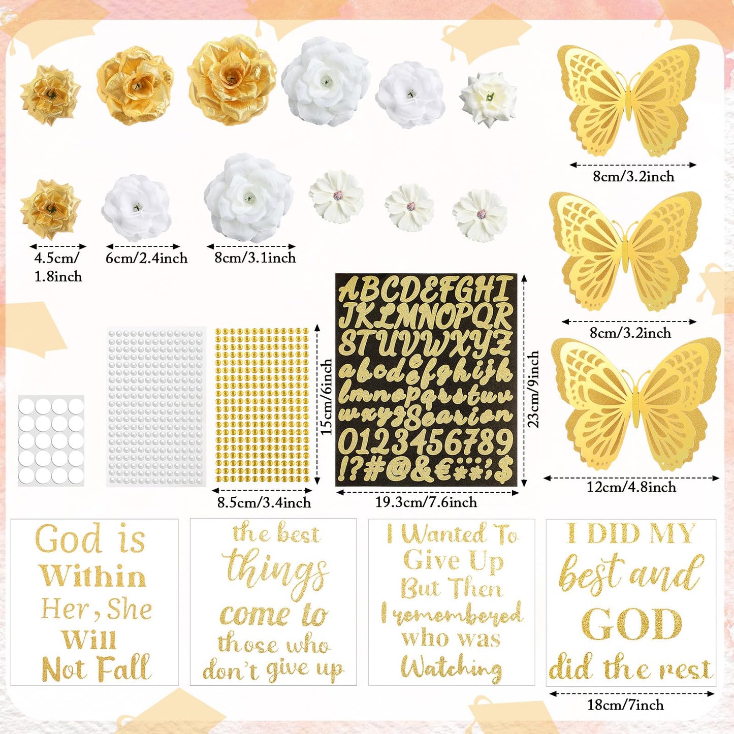 Solsew 35 Pcs DIY Graduation Cap Decorations Kit, Include Faux Flower 3D Butterfly Graduation Quote Glitter Sticker Pearl Rhinestone for Grad Hat Topper Cover Craft Gift(Creamy White,Gold,White)