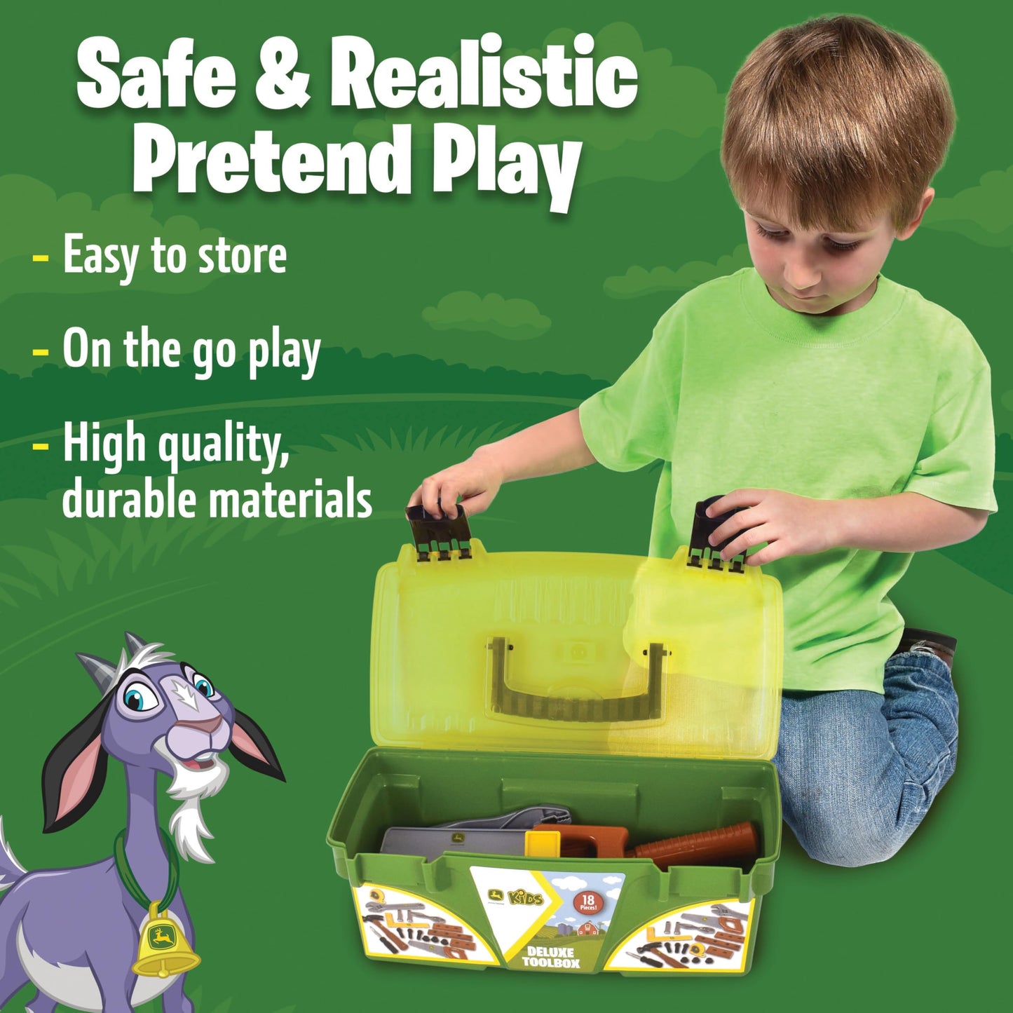 John Deere 18 Piece Deluxe Tool Box, Construction Playset with Tape Measure and Tools, Interactive Building Toys, Preschool Toys for Boys and Girls