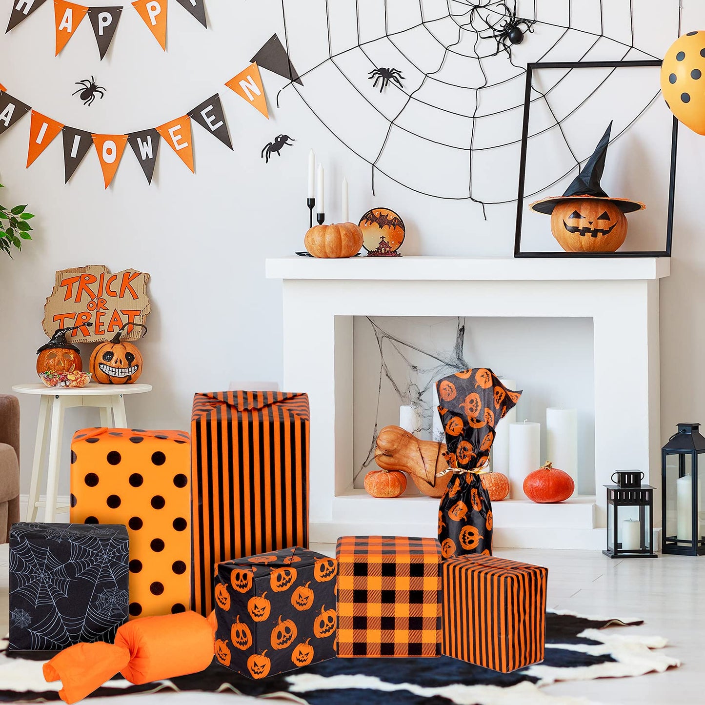 Whaline 90 Sheets Halloween Tissue Paper Black Orange Pumpkin Wrapping Tissue 19.7×13.8 Inch Halloween Cobweb Plaids Dot Stripe Art Tissue Paper for Halloween Party DIY Craft Gift Decor, 6 Designs
