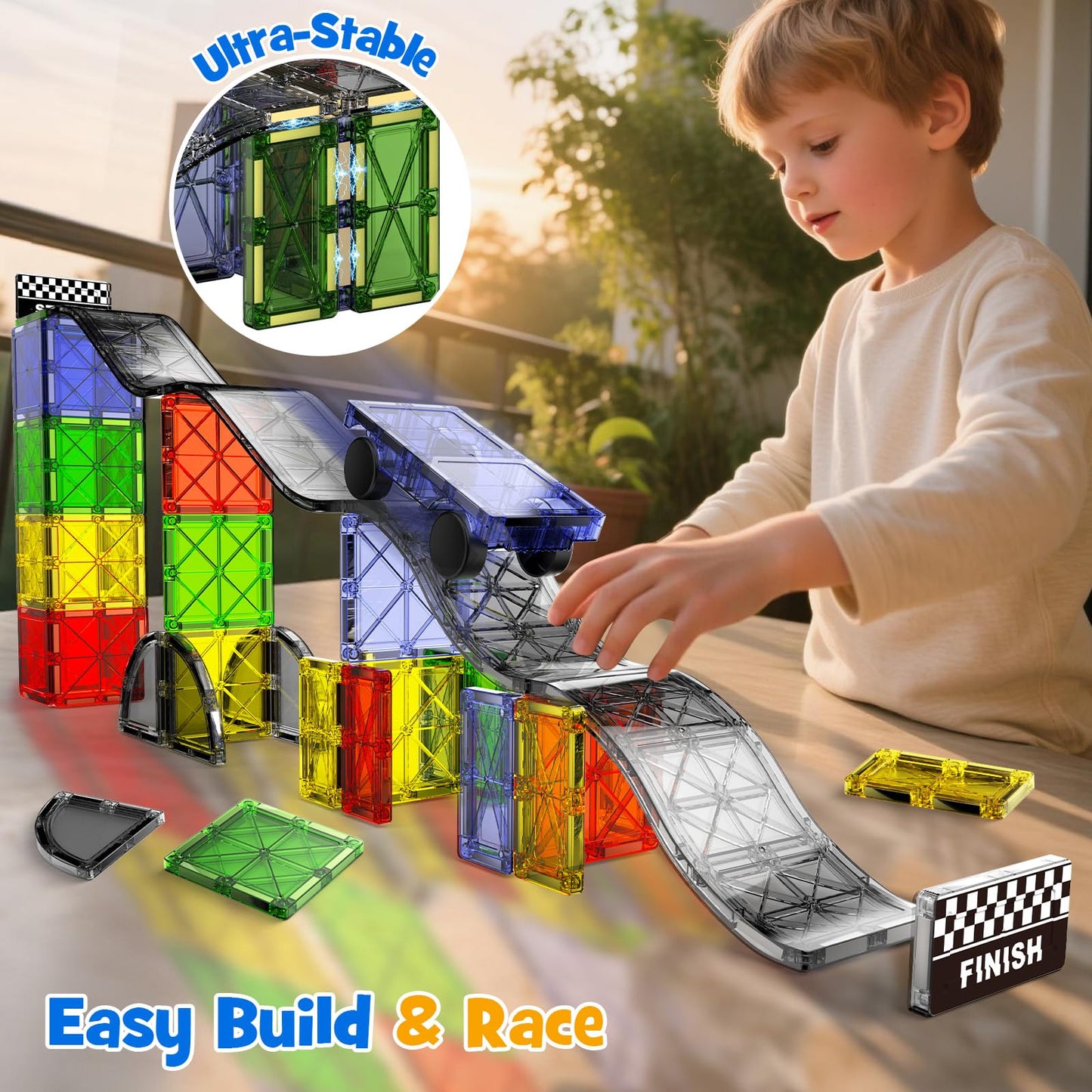 WMXDU 2-in-1 Dynamic Magnetic Downhill & Race Track Set - 40PCS Expandable Magnetic Tiles with Car for Creative STEM Play The Ultimate Travel Toy & Gift for Kids Ages 3-8 (40pcs-Race Set)
