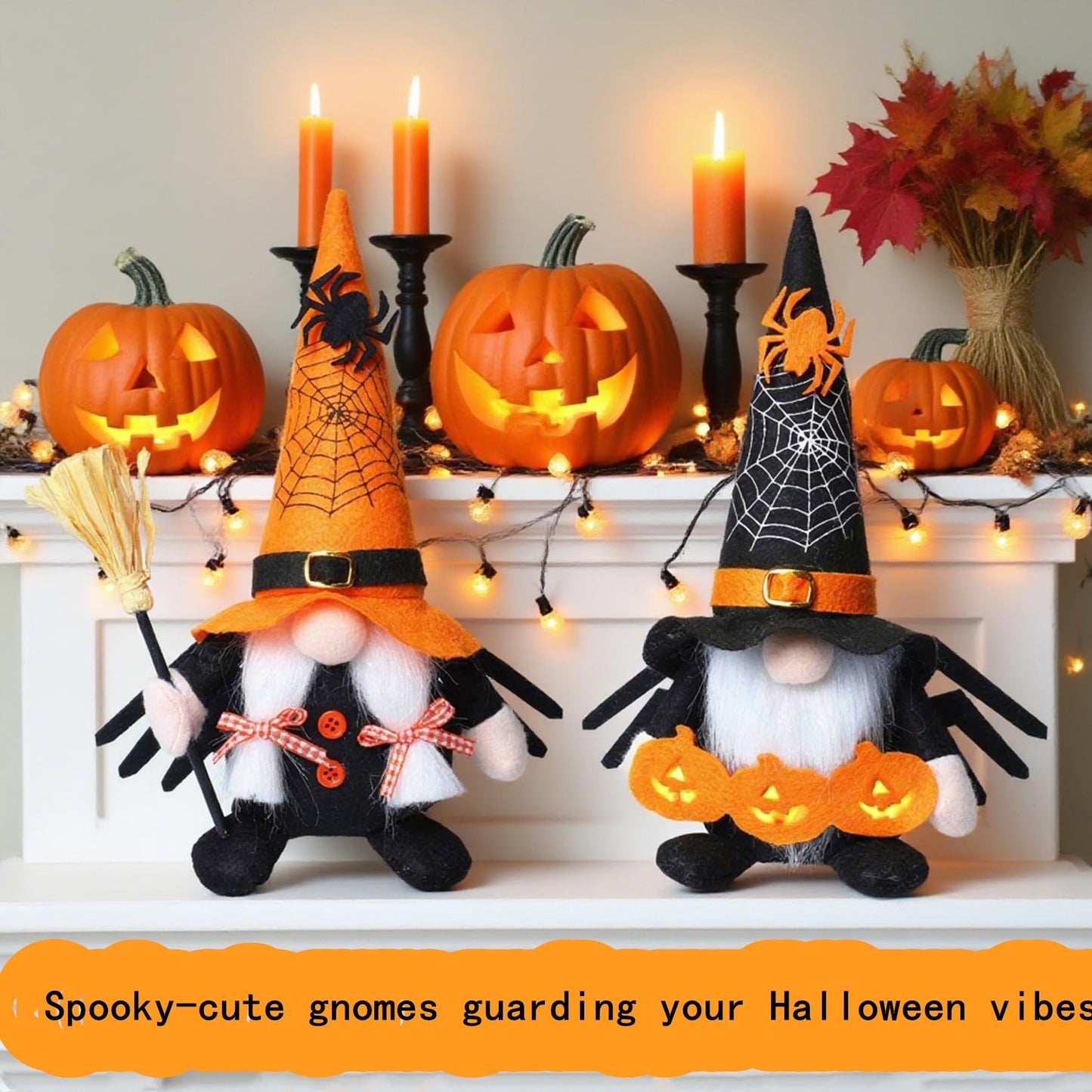 Ni-JASW Halloween Plush Gnomes Set of 2, Spooky Orange Black Spider Web Swedish Tomte Elf Figurines for Tiered Tray Home Decor