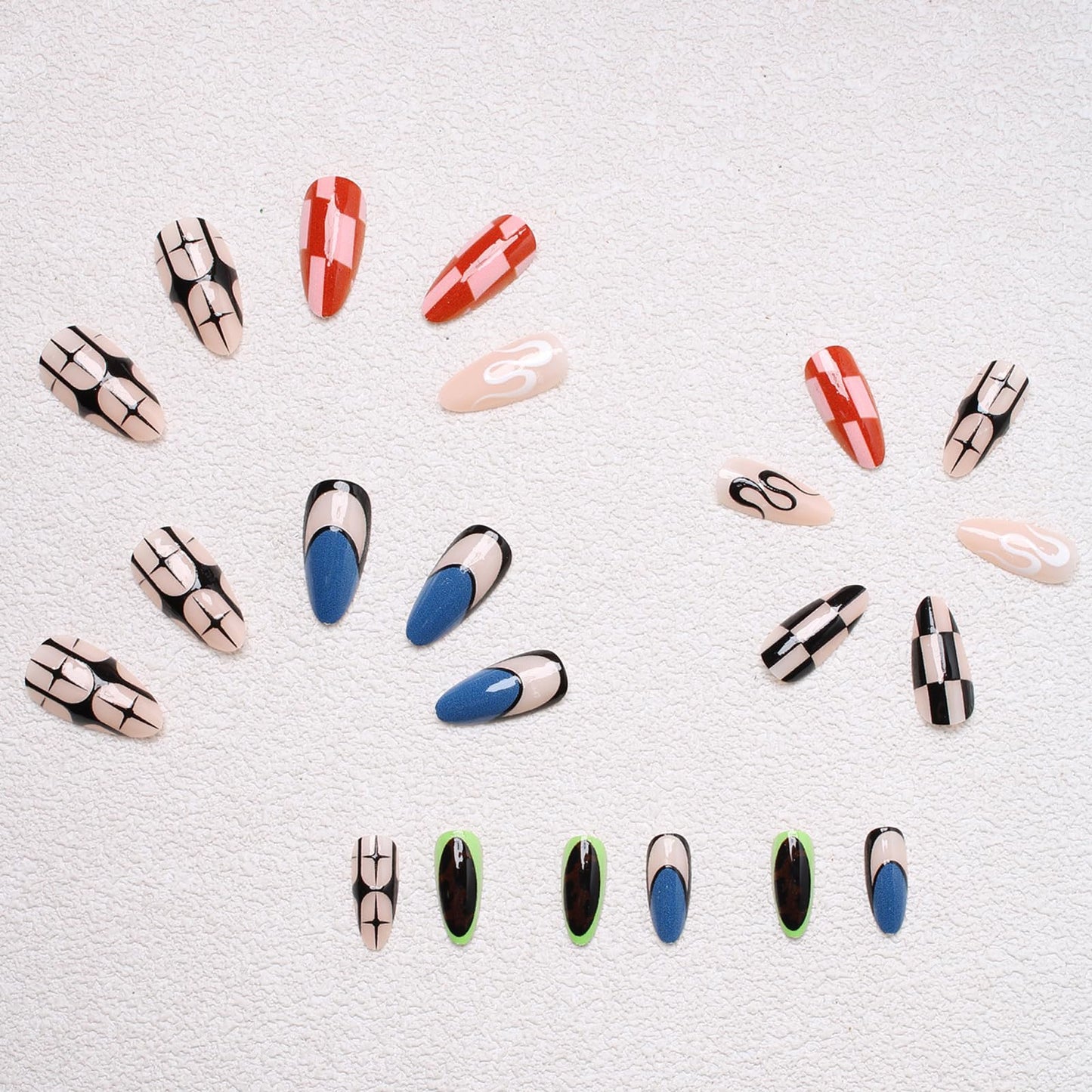 IMRAIN Press on Nails Medium Almond Fake Nails Glossy Glue on Nails Full Cover Black Blue Acrylic False Nails Stick on Nails for Women 24Pcs
