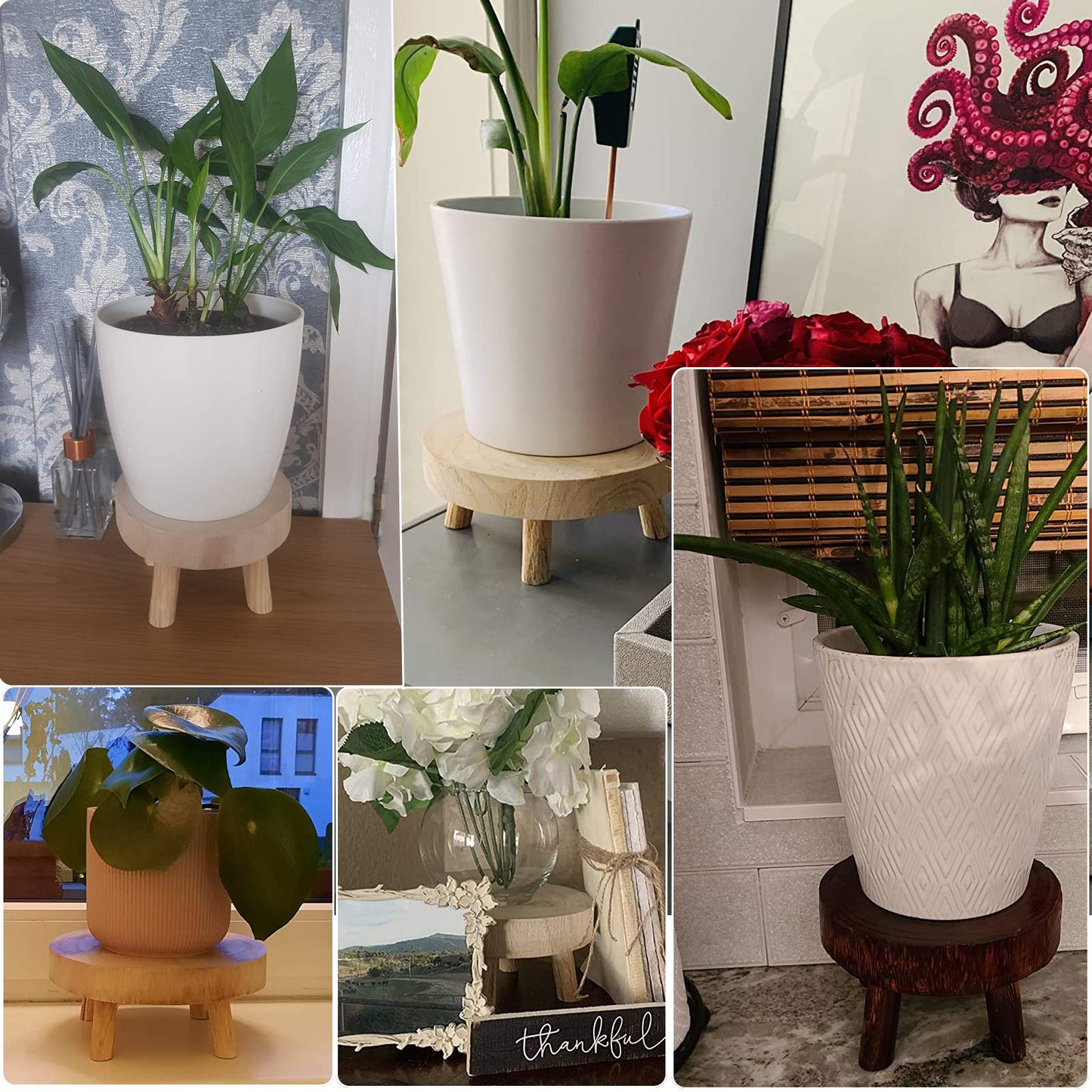 BFYDOAA Wooden Potted Stands Small Round Stool Plant Display Riser DIY Cake Holder for Home Corner Decor and Organizer (20CM-Dark)