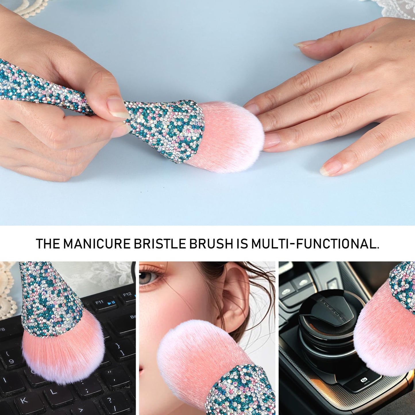 SILPECWEE 1pc Nail Art Dust Brushes For Acrylic Nails Pink Shiny Rhinestone Fluffy Powder Brush Loose Face Cosmetics Blending Liquid Foundation Powder Make Up Brushes Nail Cleaning Tools
