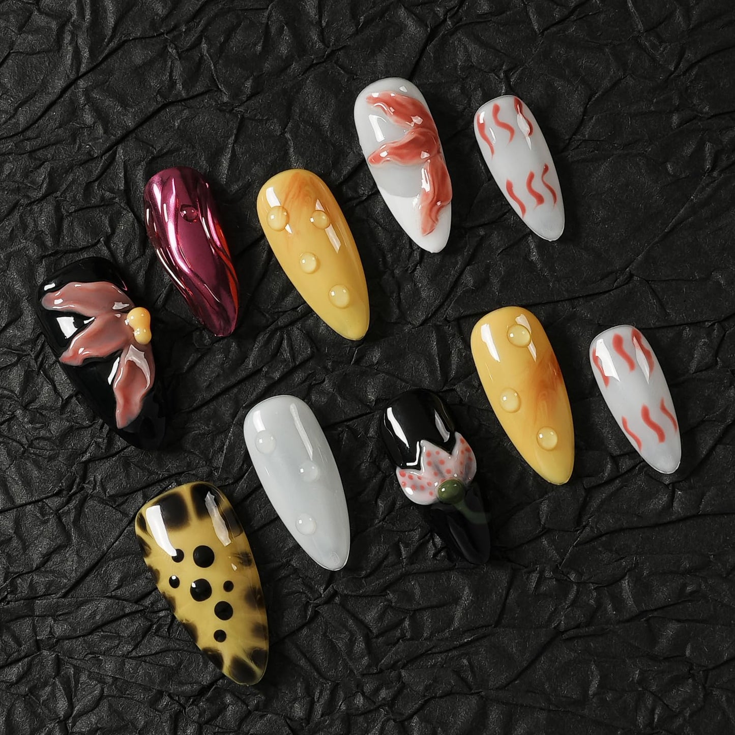 Tesytto Tesytto 3D Flower Press on Nails Almond - Handmade Multicolor Design with Dewy Water Droplets, Luxury Salon Quality Reusable Fake Nails (Bold Bloom & Dot Glam, L)