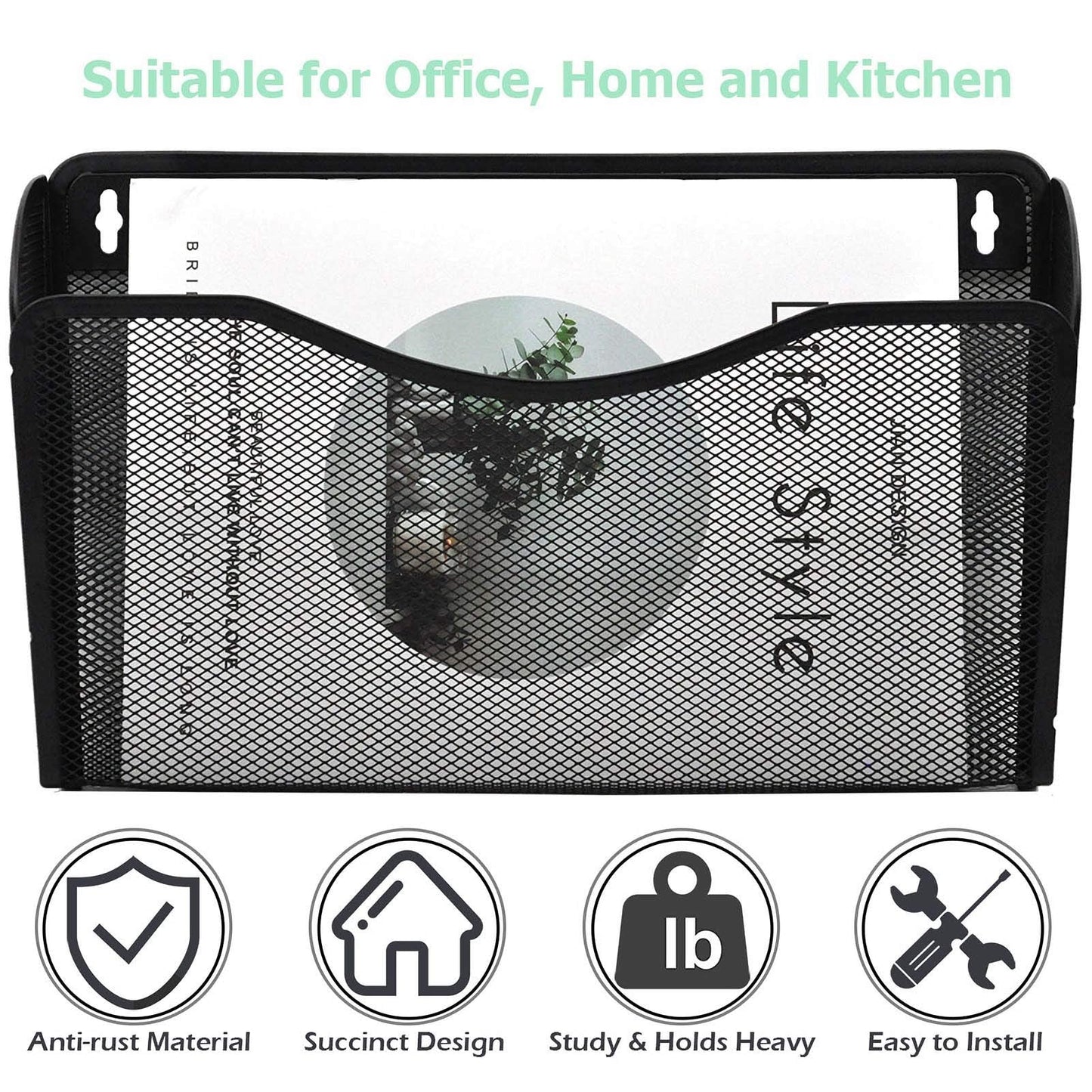 EASEPRES 3 Single Pocket Mesh Hanging File Organizer, Vertical Wall Mounted Magazine File Holder, Mount Basket Mail Paper Document Folder Organizing for Office, Home and School, Black