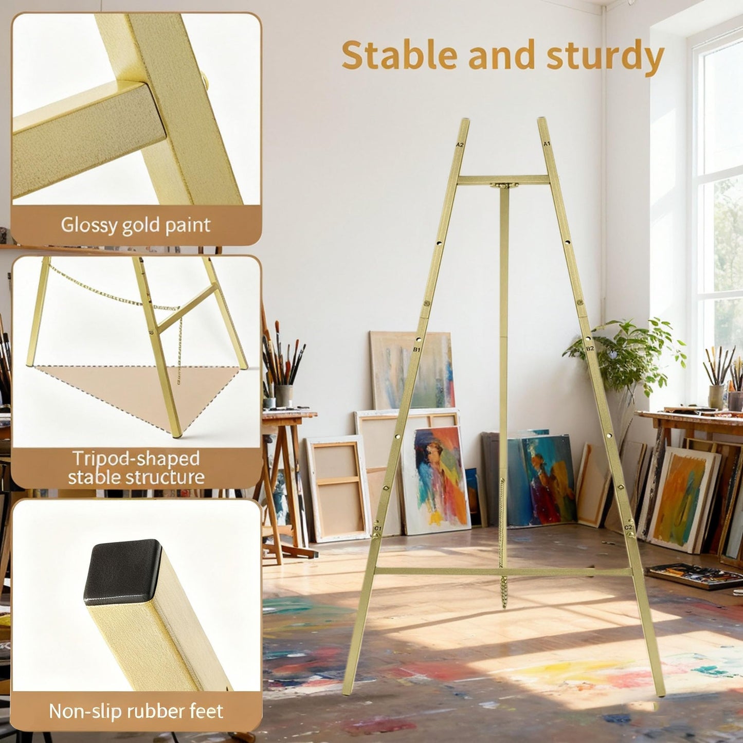 Gold Easel Stand For Sign,Heavy Duty Easel - 4 Tier Adjustable Height Gold Easel Display Easel Stand For Wedding Sign,Paintings,Posters,Welcome Signs,Pictures,With Chain Heavy Duty Metal Display Easel