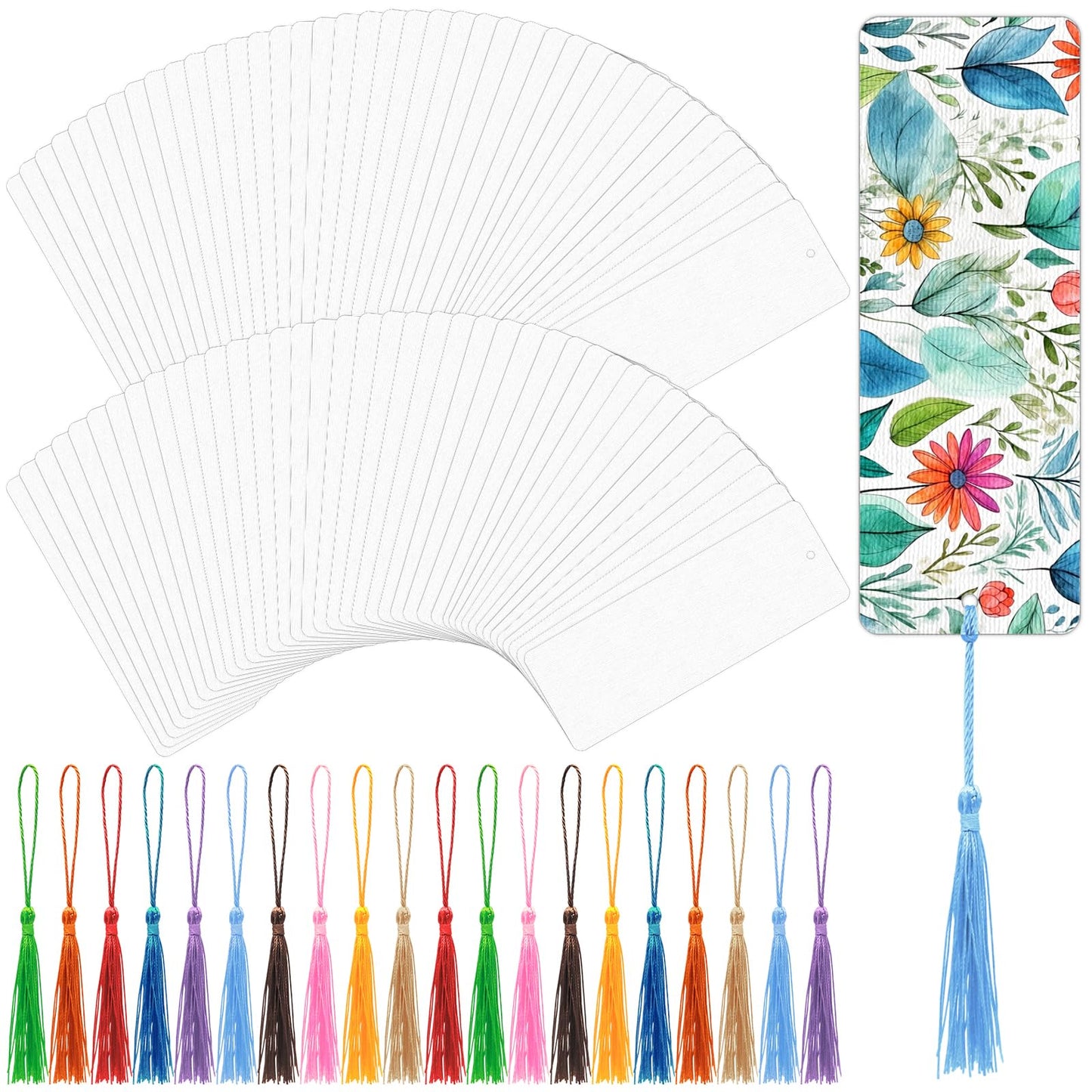 DSYIL 100 Sets Watercolor Paper Bookmarks with Tassels, Blank Book Marks Making Kit, Heavyweight Watercolor Paper Cards Bulk for Classroom Projects and DIY Craft, 5.5 x 2 Inches