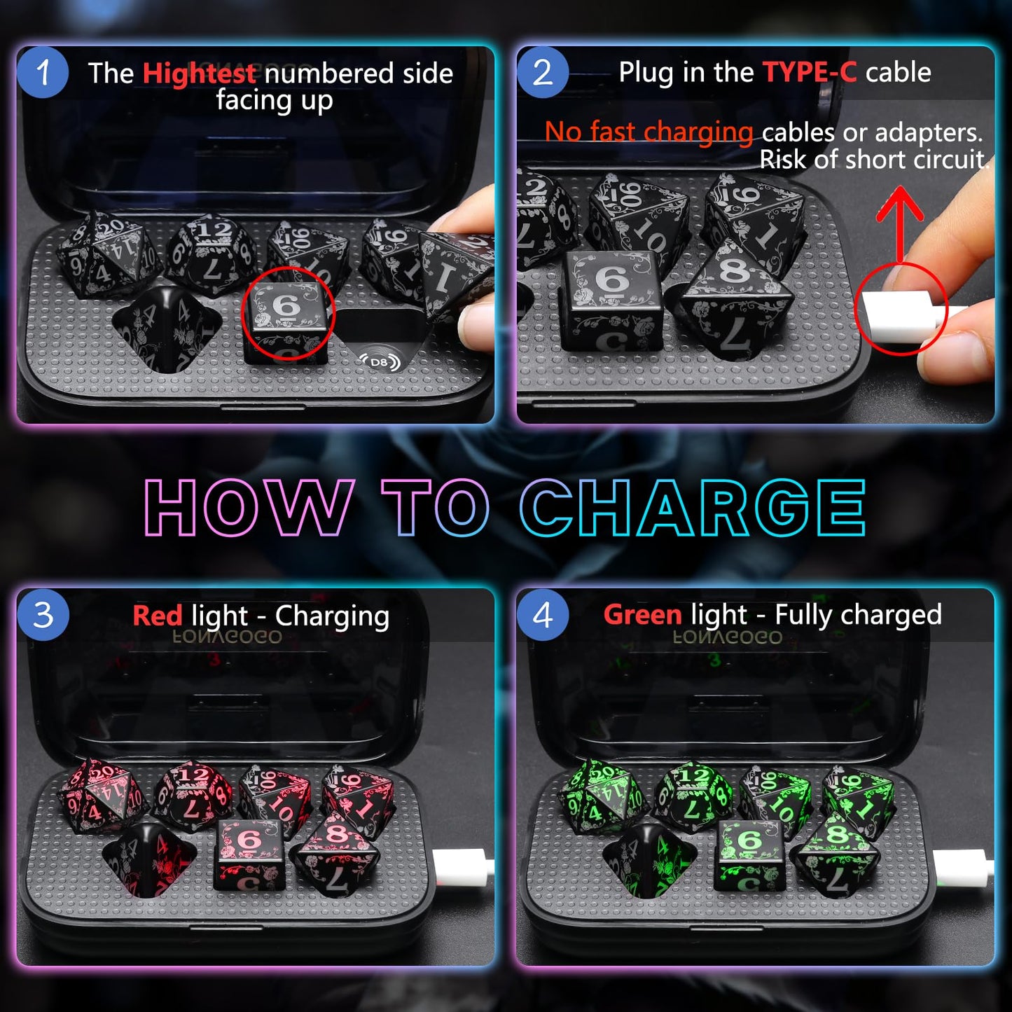 FONVGOGO Light up LED Dice Set D and D Rechargeable for Dungeons and Dragons RGB DND Dice with Charging Box 7-Color Polyhedral Role Playing Dice for DND Gifts RPG Tabletop Games (Rose RGB)
