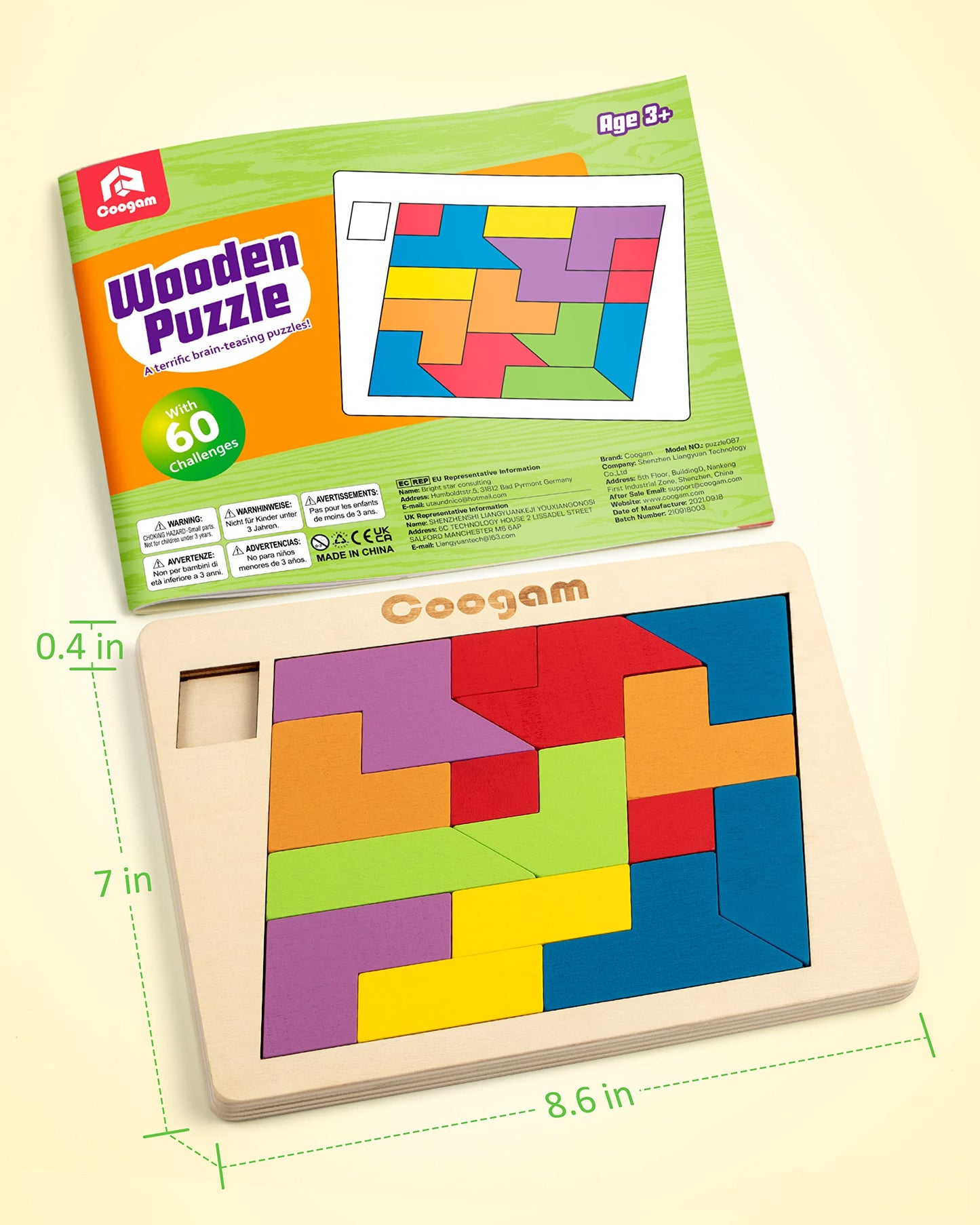Coogam Wooden Puzzle Blocks Geometric Tangram Brain Teasers Jigsaw 3D Logic IQ Game Colorful Shape Pattern Montessori STEM Educational Toys Gift 60 Challenges for All Age