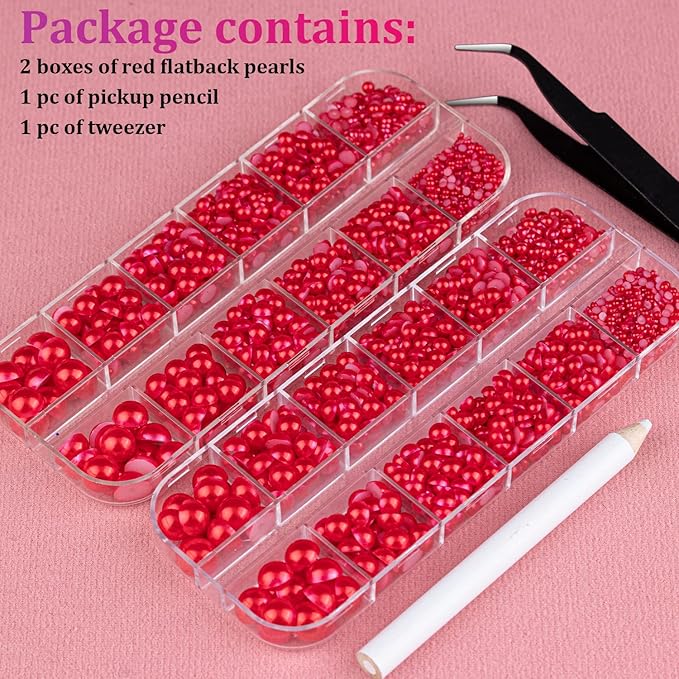 Belleboost Flat Back Pearls Kits 2 Boxes of Flatback Red Half Round Pearls with Pickup Pencil and Tweezer for Home DIY and Professional Nail Art, Face Makeup and Craft