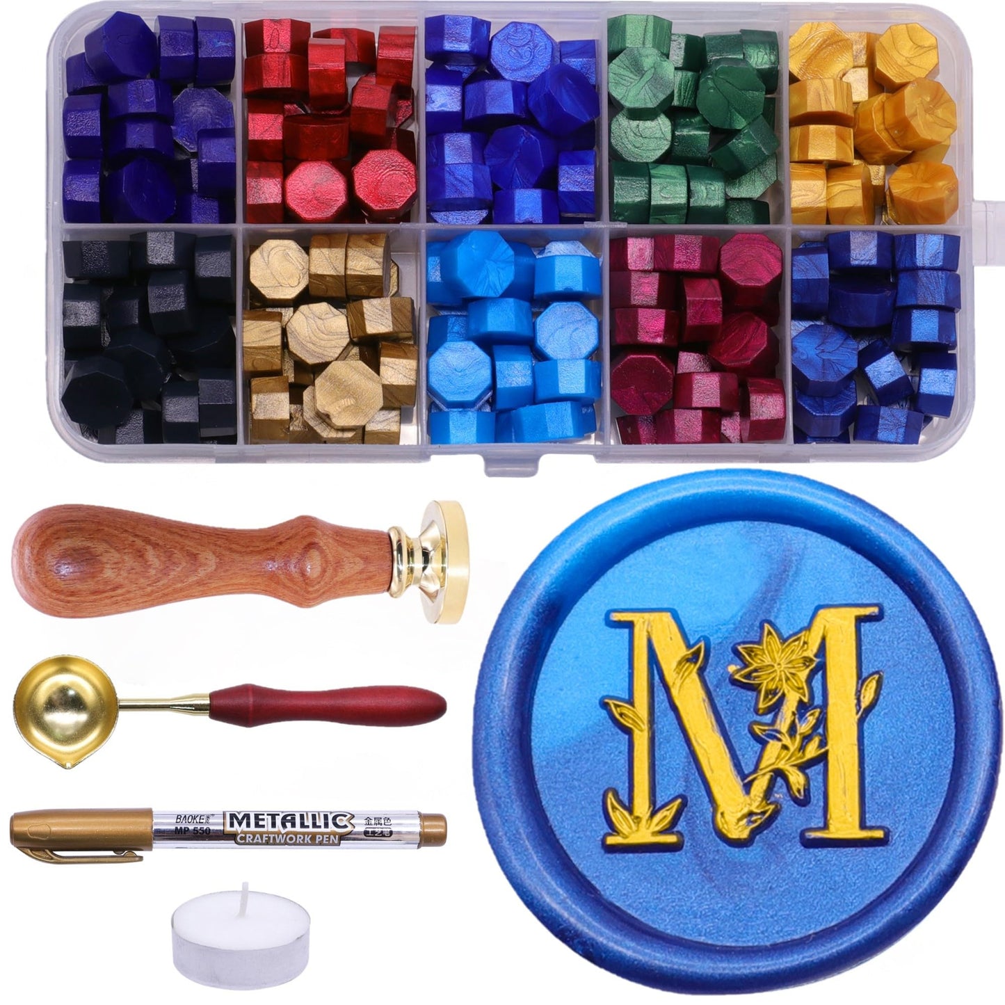 SWANGSA Initial Alphabet M Wax Seal Stamp Kit, Elegant Botanical Flower Floral Letter Sealing Stamp with 200pcs Sealing Wax Beads Kit (M)