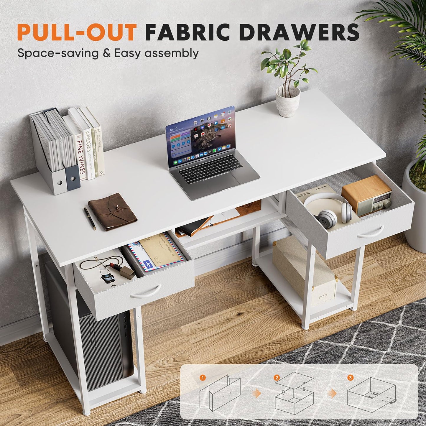UOCFYK 47 Inch Computer Desk with 2 Drawers, Home Office Desk with Wooden Shelves, Study Writing PC Table for Small Spaces, Bedroom, Dorm or Living Room, White