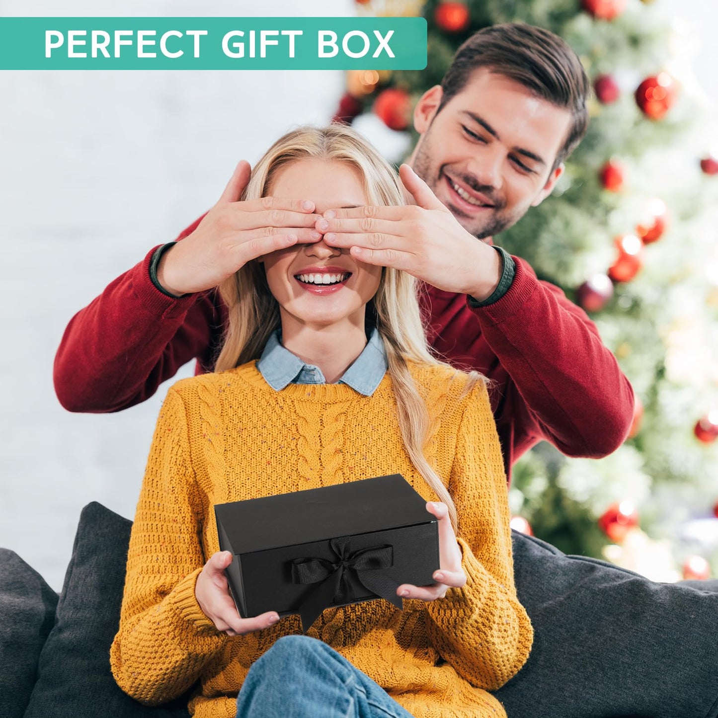 Jetec 10 Set 9.8 x 7 x 3.3 Inch Luxury Gift Boxes with Lids and Ribbon Paper Bags,collapsible Present Box for Birthday Wedding Proposal Valentines Day(Black)