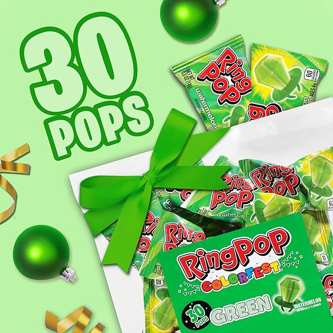 Ring Pop Green Halloween Candy Lollipops, 30Ct Bulk Candy Individually Wrapped in Green Watermelon Flavor, Full Size, Fun Hard Candy For Trick or Treat, Halloween Bowls, Gifts, Party Favors for Kids