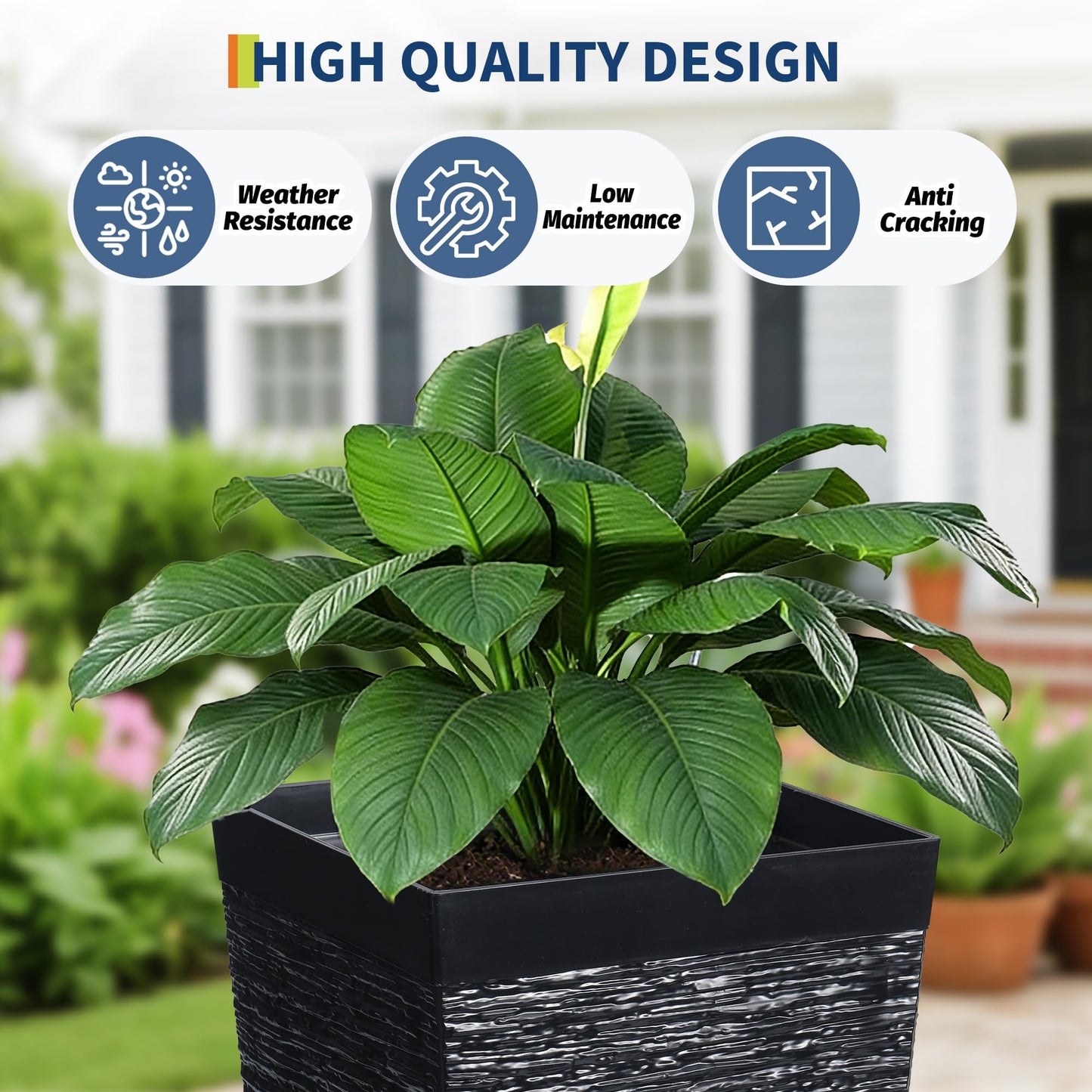 Garvee 22.5" Tall Planters, 3 pcs Outdoor＆Indoor Black Planter Pots, High Front Porch Planter Pots with Drainage Holes, Black
