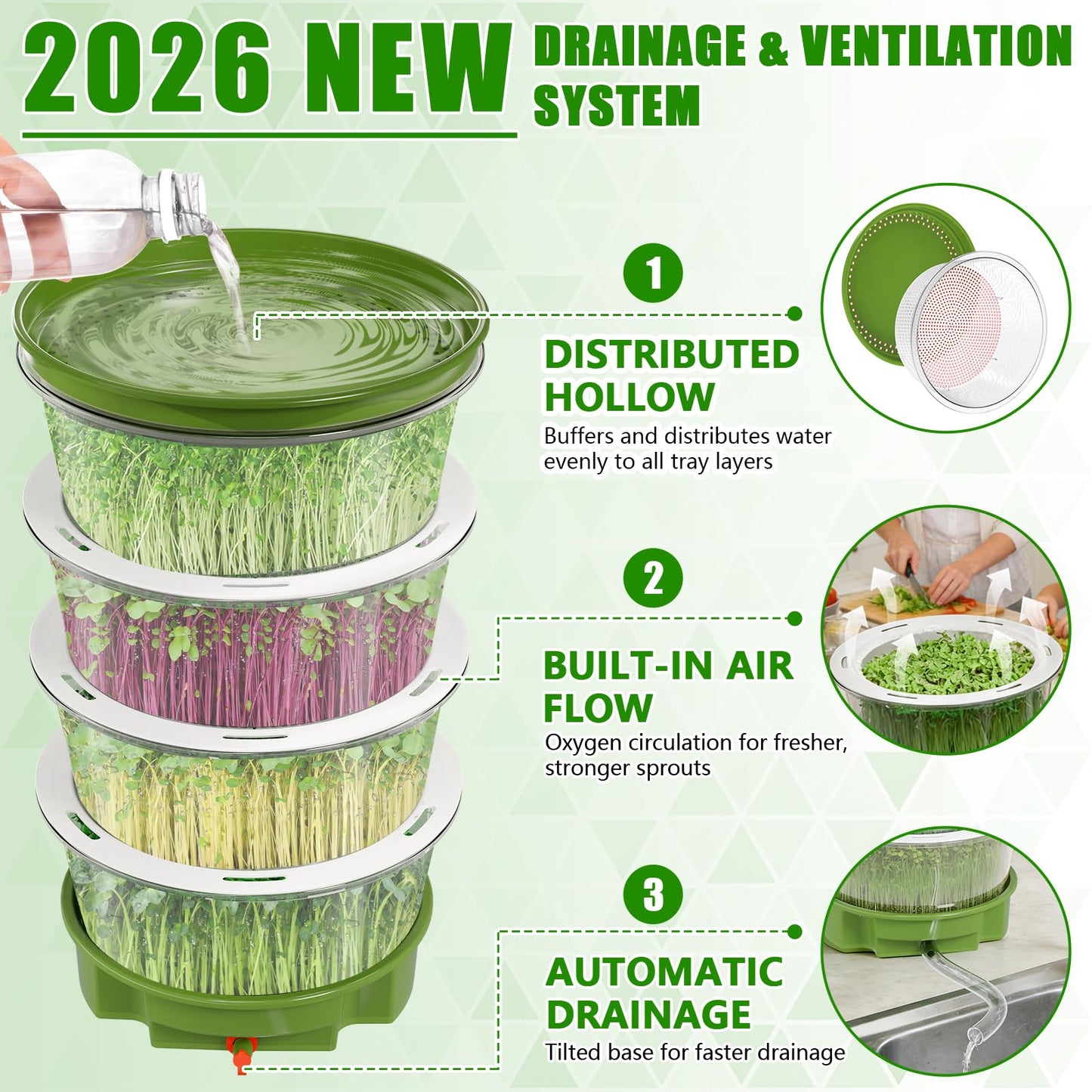 4-Tier Sprouts Growing Kit with Drain Hose & Ventilation Holes, Stackable Microgreens Growing Sprouting Trays Including Blackout Cover, Soil-Free Sprouter for Planting Broccoli Alfalfa Bean Seeds