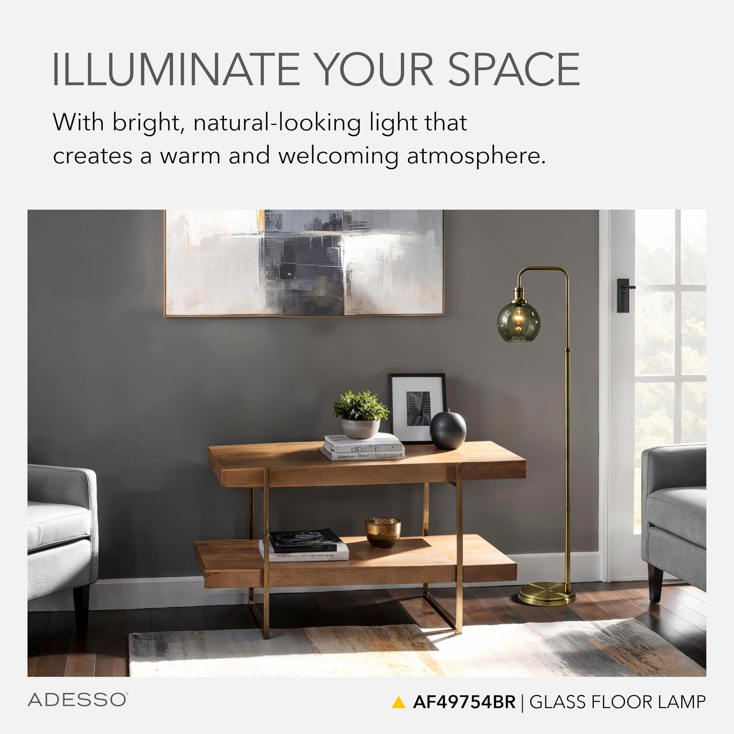 Adesso Globe Smoked Glass Floor Lamp with Antique Brass Finish – 60” Tall, Compact 10.5” Wide Base