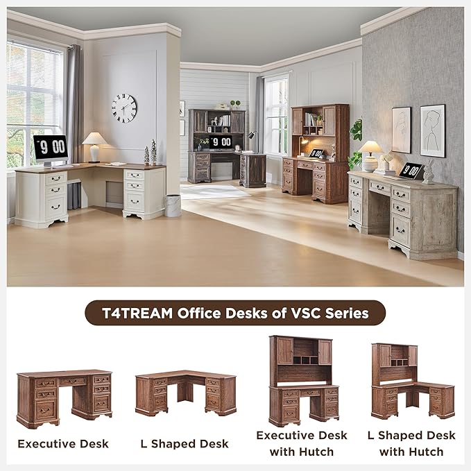 T4TREAM 59" Executive L Shaped Desk with Drawers,Farmhouse Wood Computer Coner Desk,Featuring Charging Station,File Drawer, Storage Cabinet,for Home Office Work and Study (Reclaimed Barnwood)
