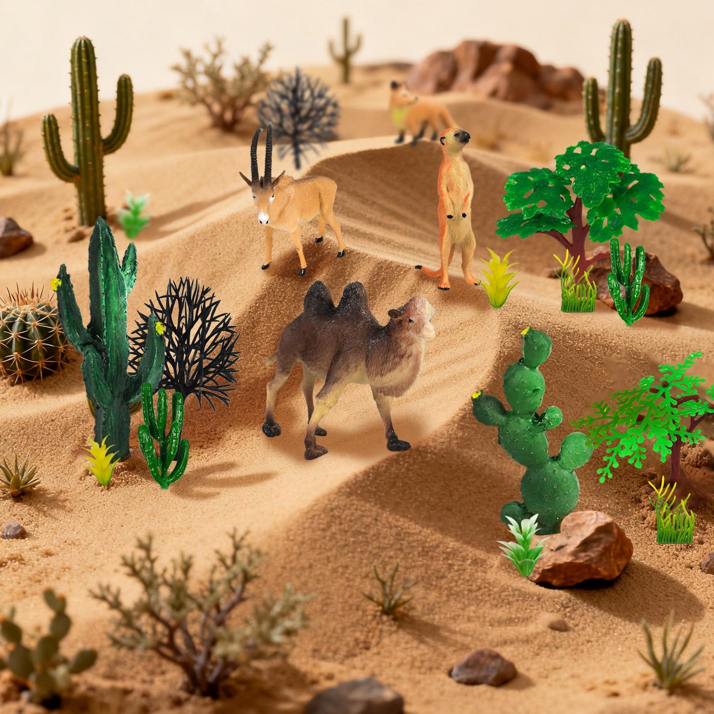 MOMOONNON 34pcs Desert Animal Figures Mixed Diorama Model Plants Artificial Animals with Camel Fox Meerkatz Gazelle for Crafts Building Model Desert Scenery Landscape Supplies