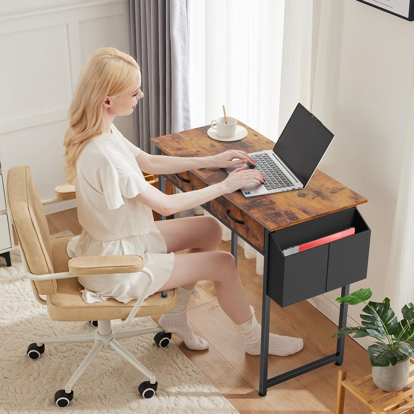 DUMOS 32" Home Office Computer Desk with Drawers, Small Gaming Writing Study Table with Storage Side Bag, Headphone Hook and Adjustable Feet for Bedroom Rustic Brown