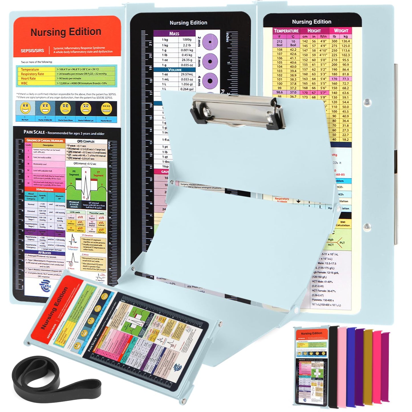 Nursing Clipboard Foldable with Medical Edition Cheat Sheets, 3 Layers Aluminum Foldable Clipboard for Nursing, Notepad for Students, Nursing School Essentials (Mint)