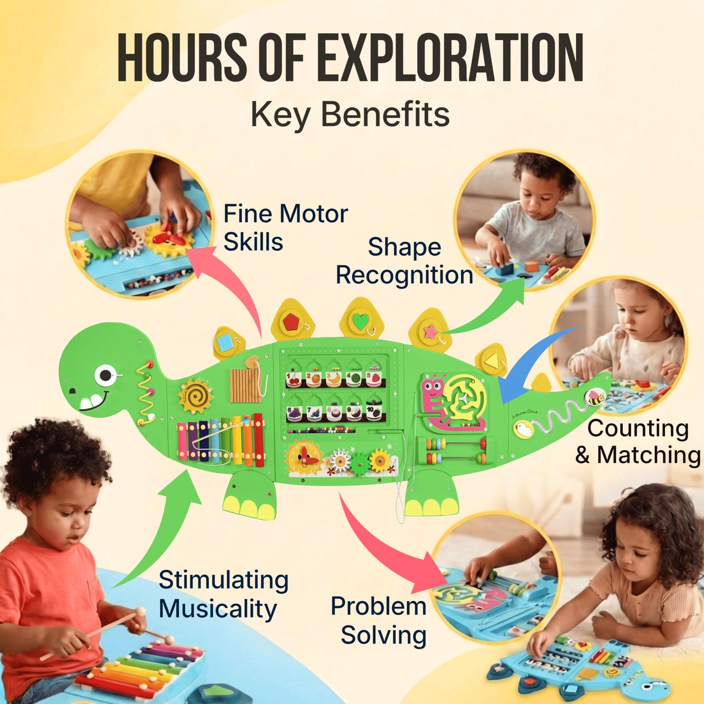 AthomBear Dinosaur Wall Busy Board with 12 Activities - Wall Toys for Toddlers 2,3,4,5 - Sensory Panel Wooden - Montessori Busy Board Learning Activity Center for Playroom and Classroom