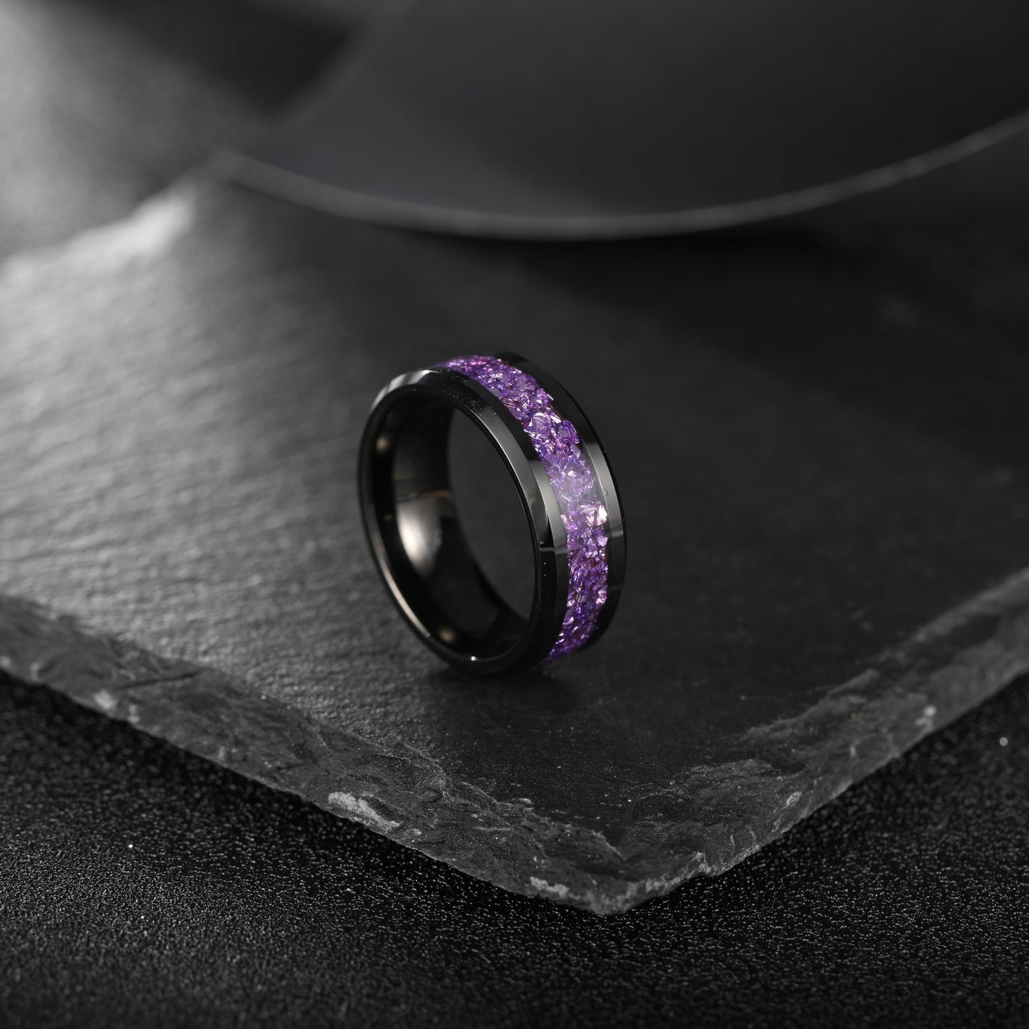NUNCAD Men's Tungsten Rings 8mm Black Wedding Band Inlaid with Amethyst Center Polished Beveled Edge Comfort Fit Size 7-12
