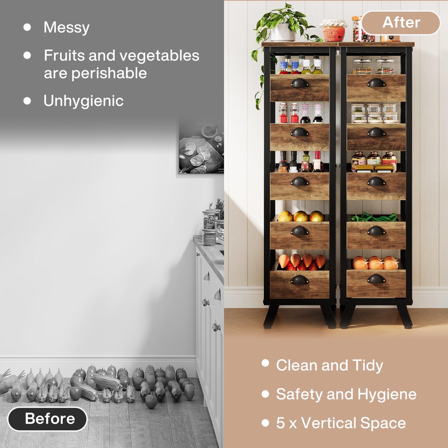 Tribesigns Wood Fruit and Vegetable Storage Rack, 5-Tier Narrow Snack Stand Kitchen Stand Fruit Basket, Pull-Out Utility Organizer for Kitchen, Living Room, Rustic Brown