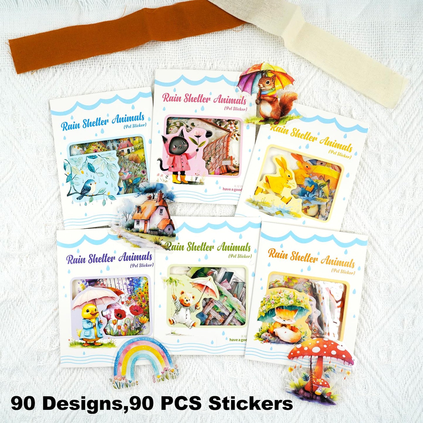 AuriicLeaf Rain Shelter Animals PET Stickers – 90PCS Whimsical Stickers with Watercolor Animal Designs for Scrapbook, Journal, DIY Crafts, Waterproof