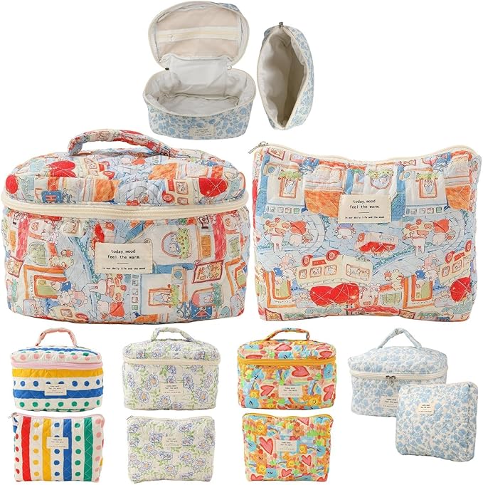 Makeup Bag Travel Essentials Quilted Cosmetic Toiletry Pouch Organizer Insert for Women Dorm Room Essential Gift Large Capacity Opening Lightweight Cute Aesthetic Portable 2PCS (Rabbit)